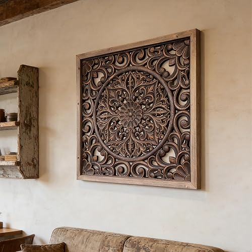 XIAOAIKA Escultura de pared de madera tallada bohemia, intrincado diseño floral de mandala con acabado marrón envejecido, panel de arte de pared