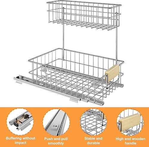 Miniatura 7 de ROOMTEC Organizador de gabinete extraíble, estante de almacenamiento deslizante debajo del fregadero con cajón de alambre deslizante de 2 niveles,