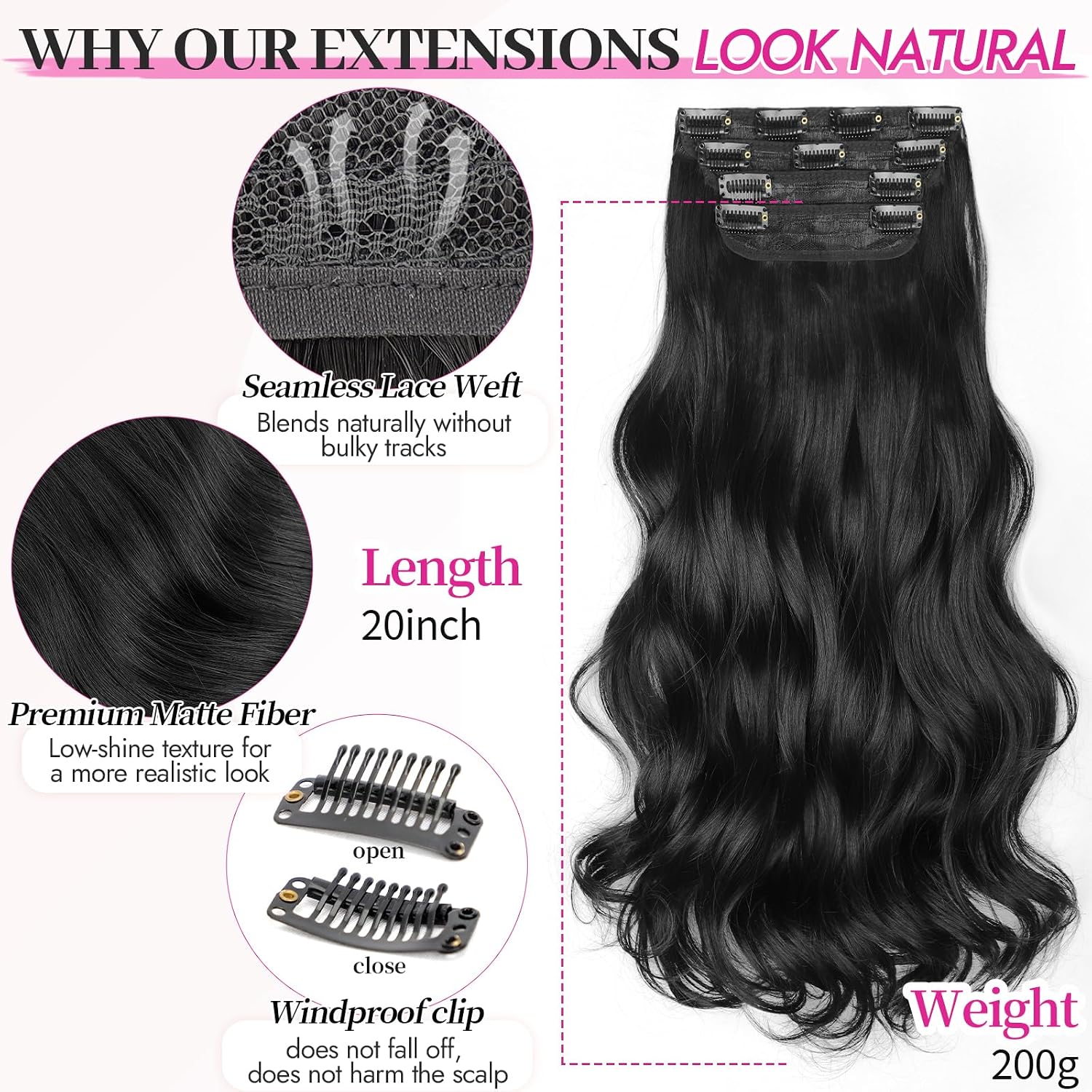 kookastyle clip in hair extensions, natural long layered soft invisible synthetic curly wavy hairpieces for women, 4 pcs (20 inch, black) 20 inch black