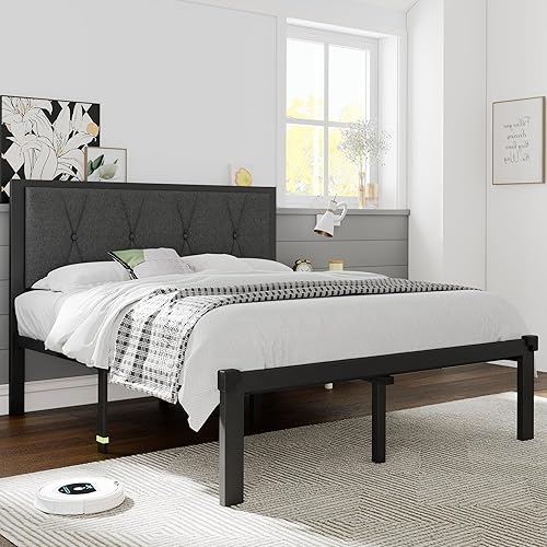 Miniatura 7 de Base de cama de metal tamaño Queen, cama de plataforma con cabecera tapizada con botones, almacenamiento debajo de la cama de 12 pulgadas, soporte