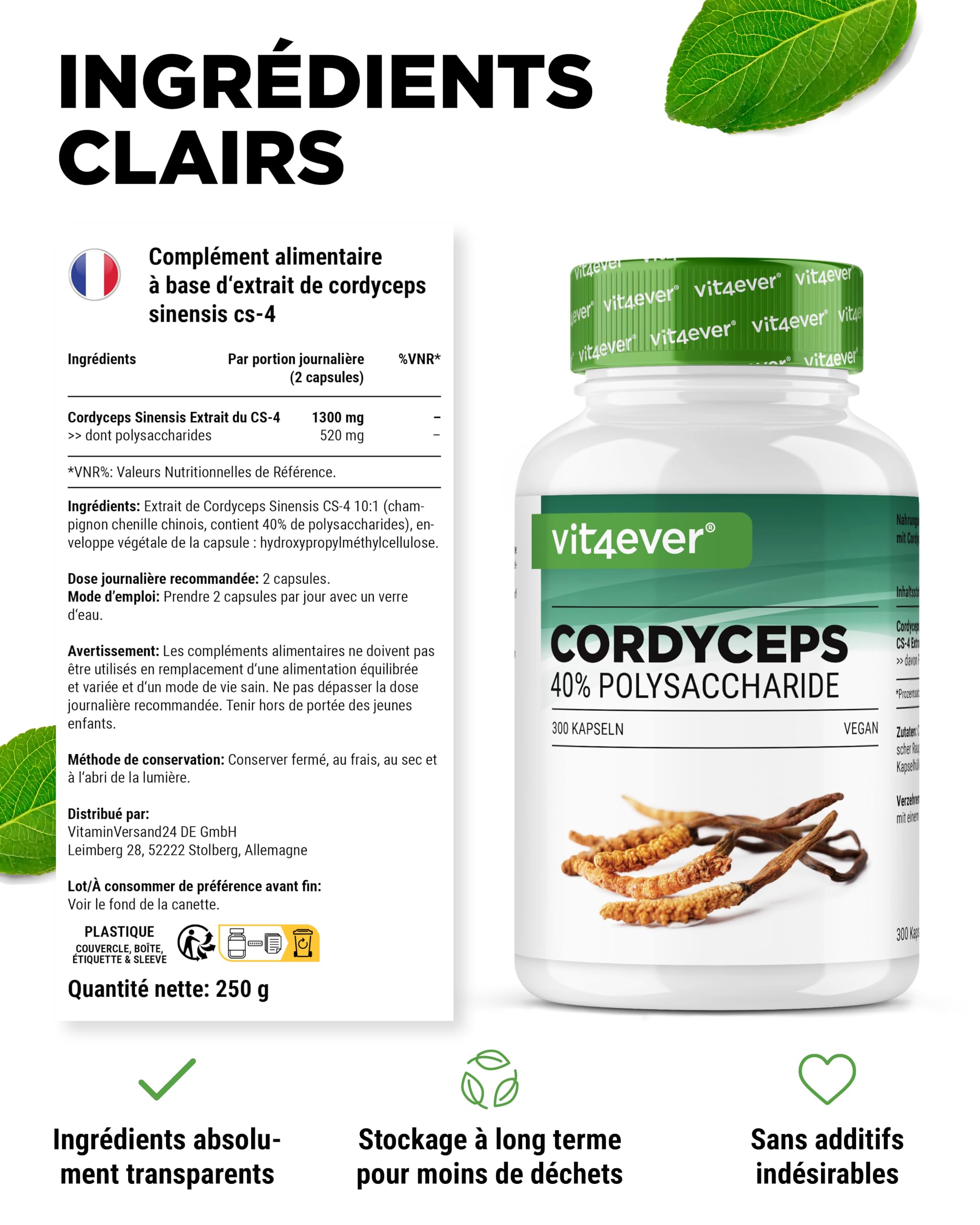 Champignon Cordyceps - 300 capsules avec 650 mg de Véritable Extrait de CS-4-40% de Polysaccharides Bioactifs - Haute Dose - Champignon Chenille - Vegan