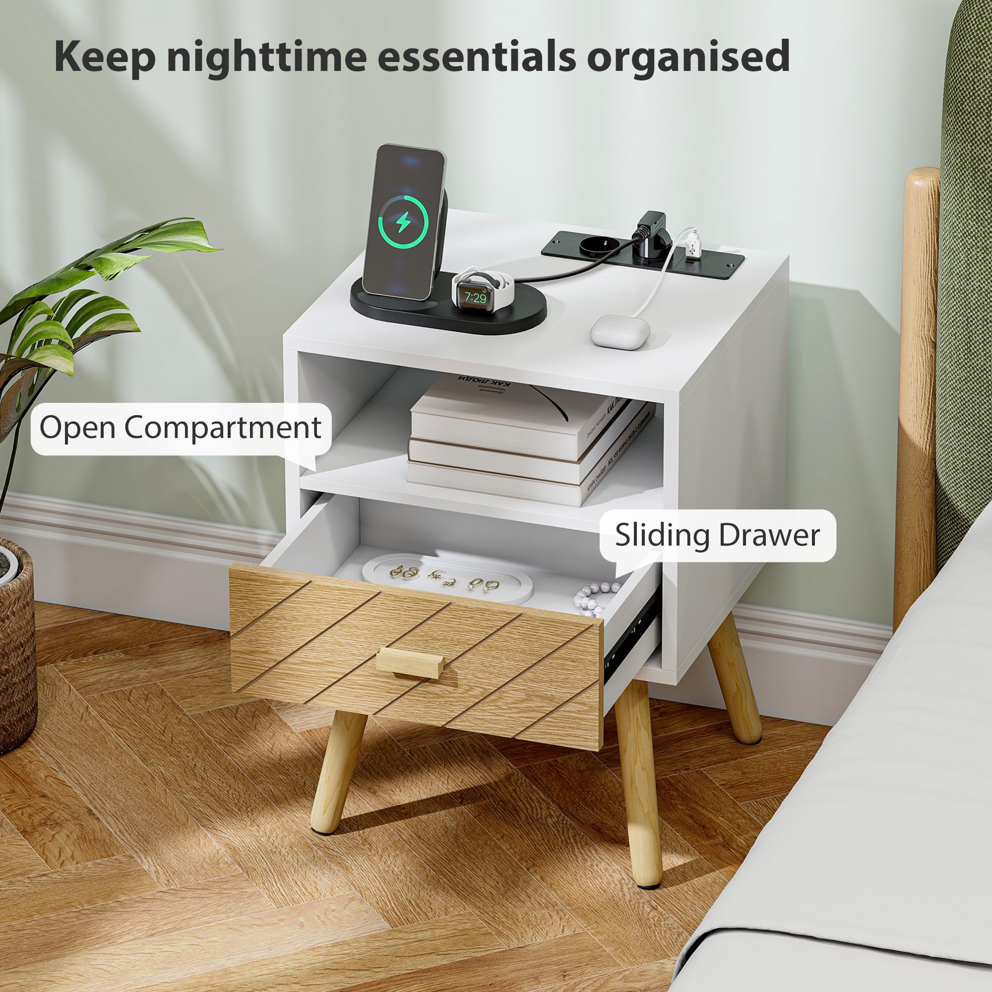 HOMCOM Mesita de Noche con Estación de Carga, Mesilla de Noche con Cajón, 2 Tomas AC, Puerto USB y Tipo-C, Compartimento Abierto, Patas de Madera, para Salón, Dormitorio, Blanco