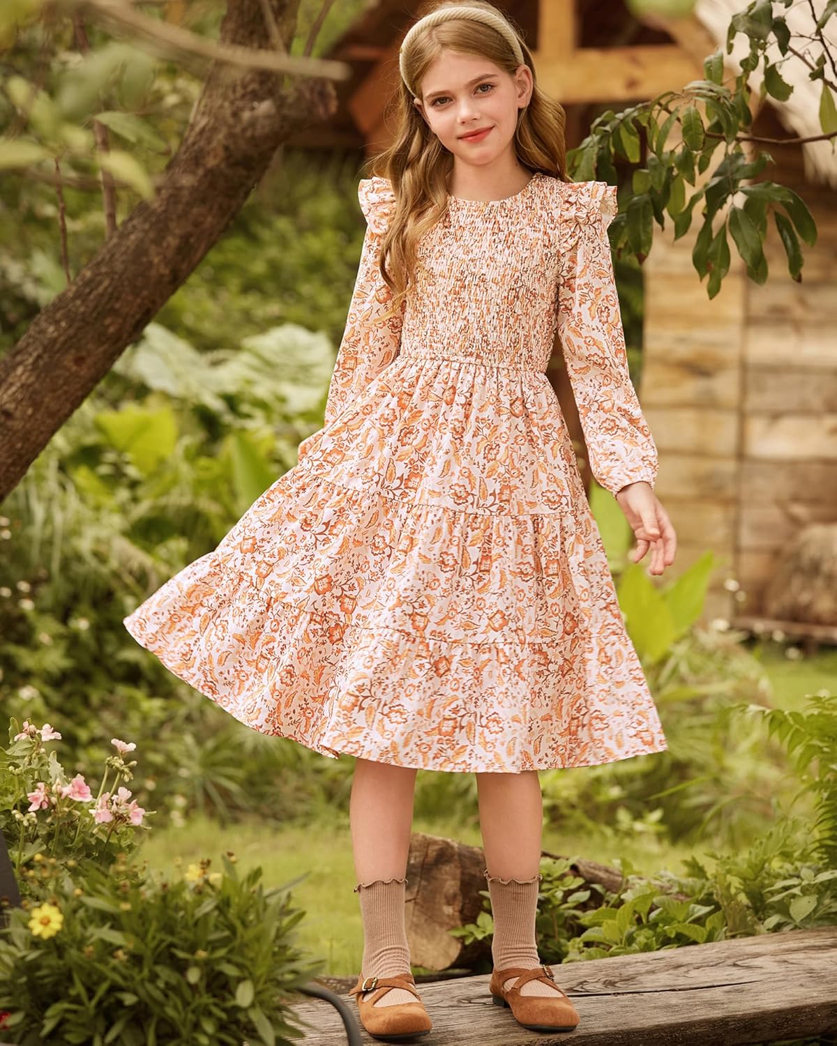 GRACE KARIN Girls Long Sleeve Fall Floral Dress Ruffle Round Neck Smocked Layered Hem - Image 4