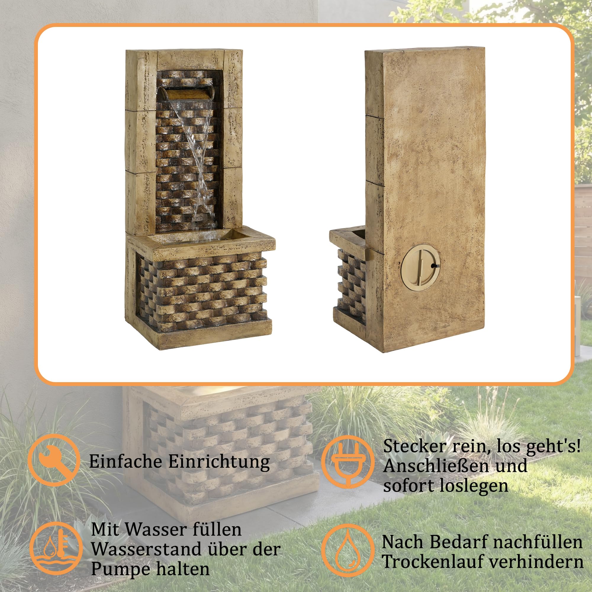 Gartenbrunnen für Außen im Antik-Stil mit LED – Springbrunnen aus Harz mit Wasserfall, Zierbrunnen für Terrasse & Balkon, authentische Steinoptik in Antique Brown