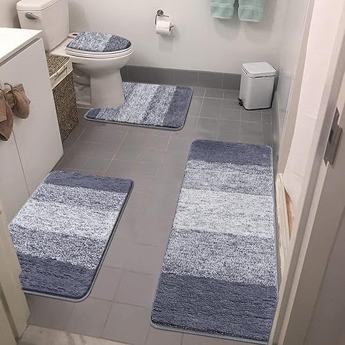 Bsmathom Juego de 4 alfombras de baño con tapa de inodoro, alfombras de baño antideslizantes para baño, alfombras de baño absorbentes de microfibra