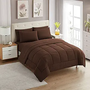 Sweet Home Collection 5 Piece Comforter Set Bag Solid Color All Season Soft Down Alternative Blanket & Luxurious Microfiber Bed Sheets, Brown, Twin XL