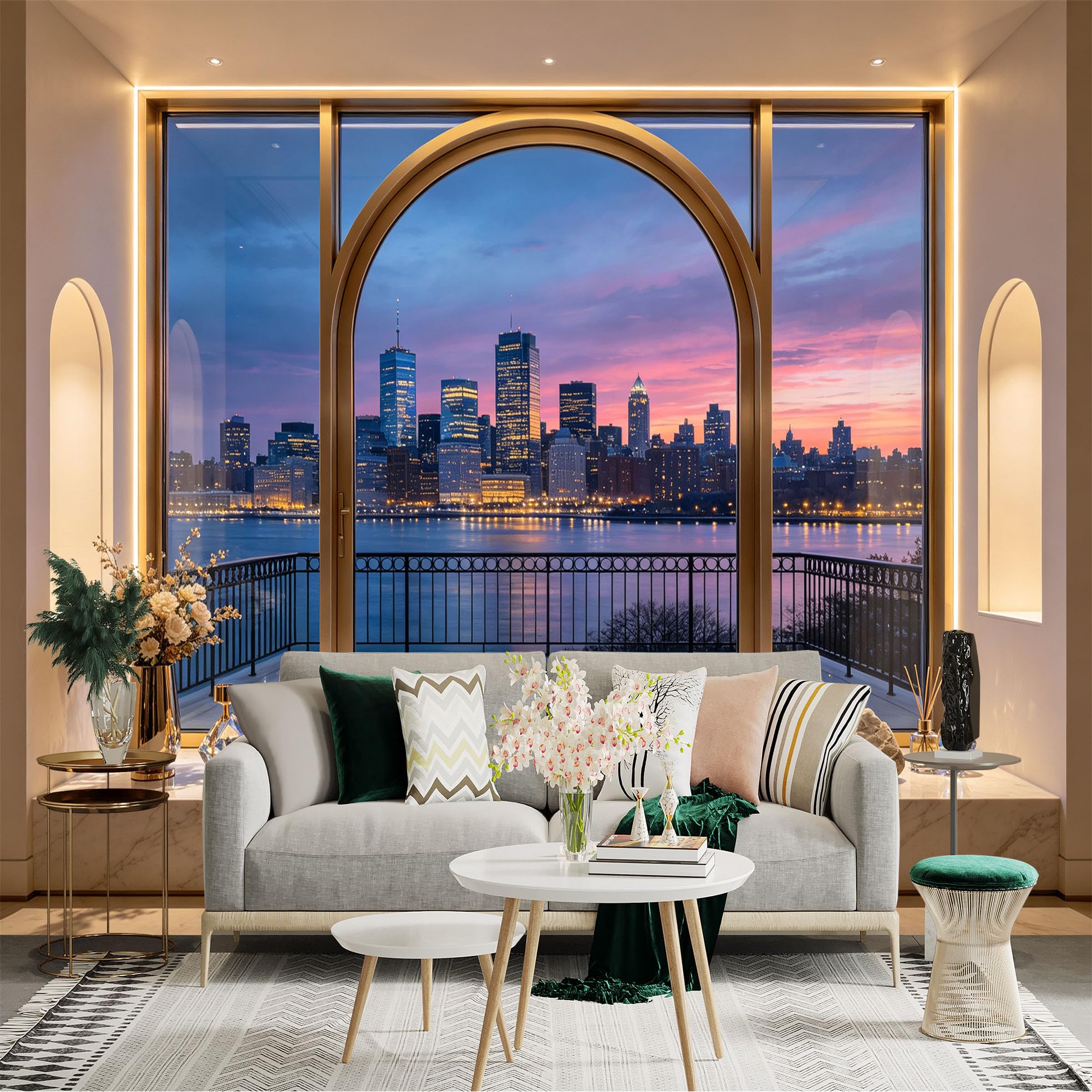 Custom Size Wall Sticker Mural， Sunset City Skyline with River View and Luxury Balcony， for wall Decoration， peelandstick wall Decals.