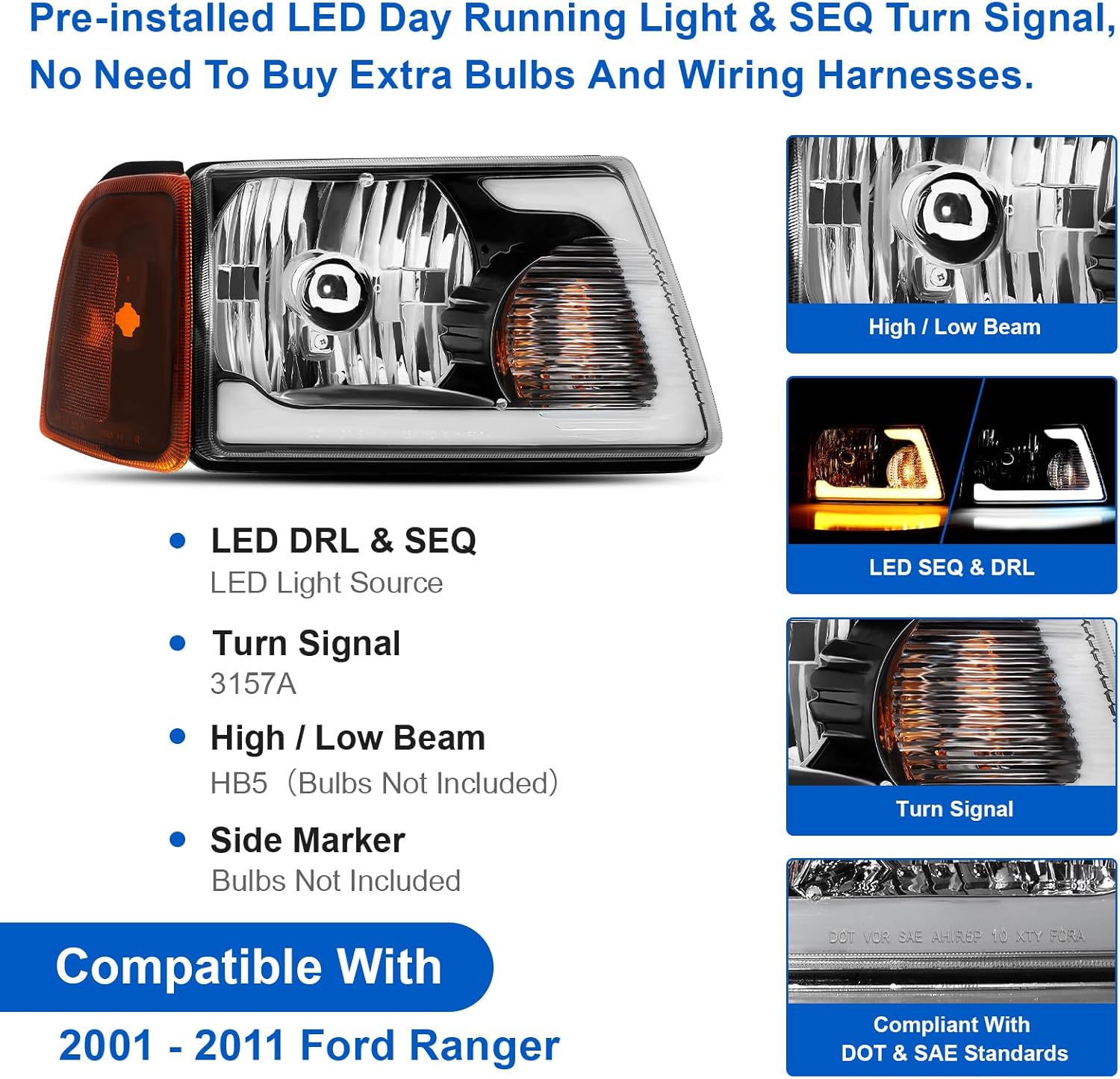 Headlight Assembly Fit For 2001-2011 Ford Ranger w/LED DRL Sequential Turn Light 01-11 Ranger with Corner Lights Headlamp Driver And Passenger Side (Black Housing Amber Reflector)