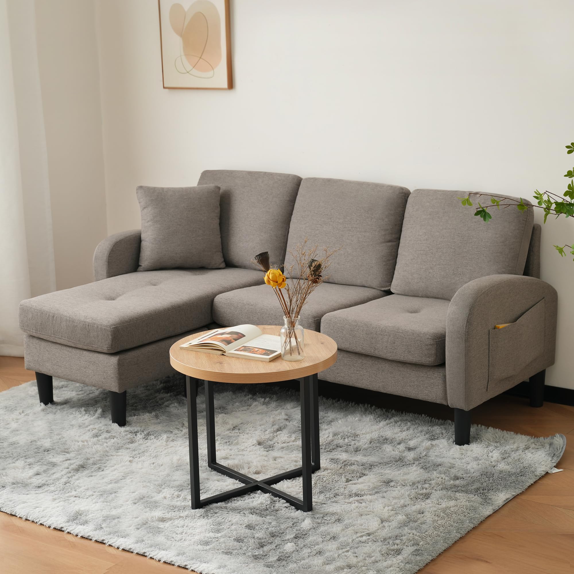 Modulares L-Form Ecksofa, 3-Sitzer Schlafsofa mit Chaiselongue & Fußhocker, Couch für kleine Wohnungen, Grau (Antique Dark Grey, 3-Sitzer)