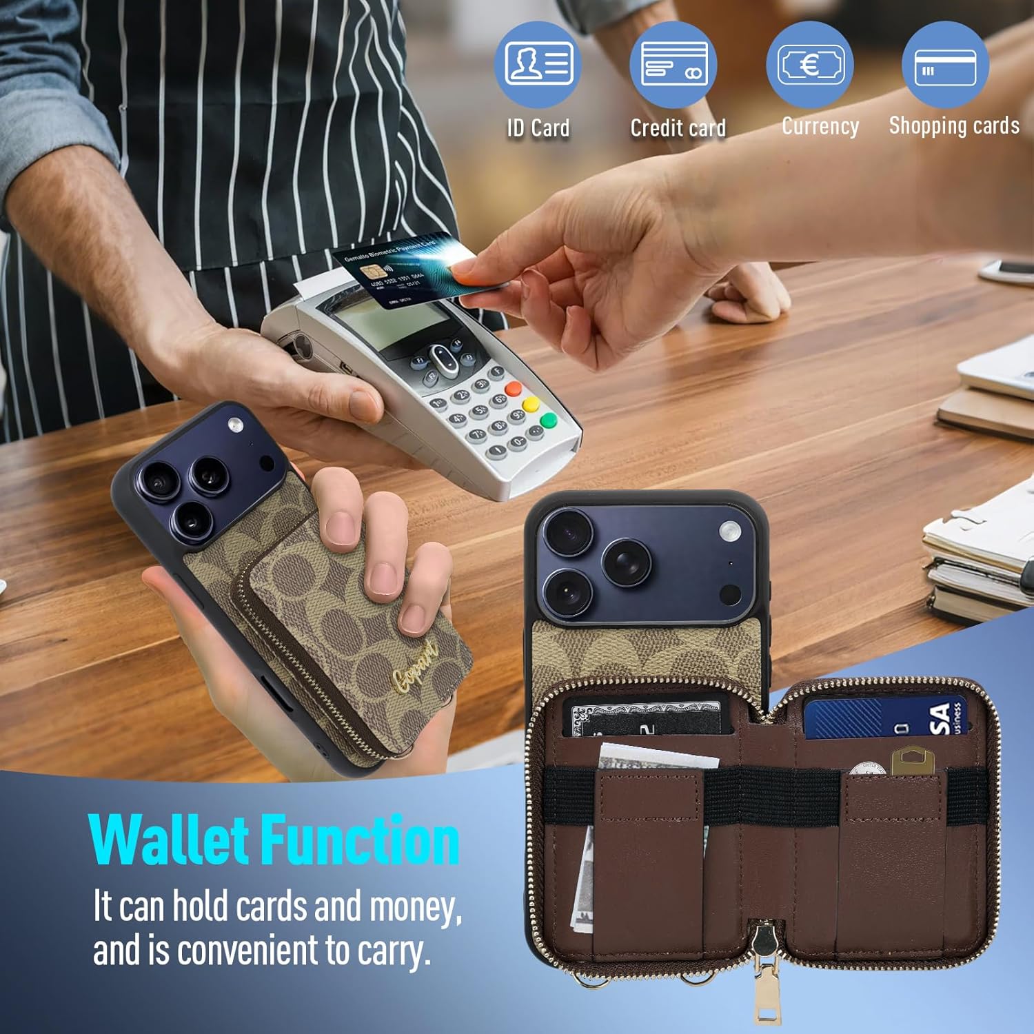 Wallet Case Compatible with iPhone 17 Pro Max for Women and Men，Classic Luxury PU Leather Zipper Credit Card Holder Slots with Adjustable Lanyard Strap for iPhone 17 Pro Max 6.9 inch Khaki - Image 3