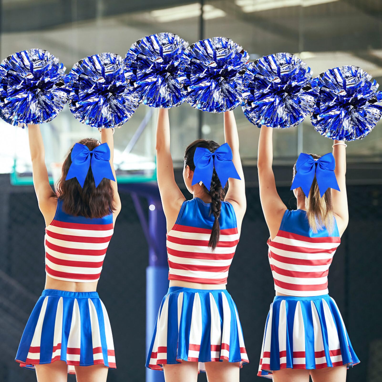 Ipetboom 1set Blue Cheerleading Pom Poms with 1Pcs Cheerleader Hair Bows Cheering Pom Poms for Kids Adults Team Spirit Cheering Football Baseball Softball Dance