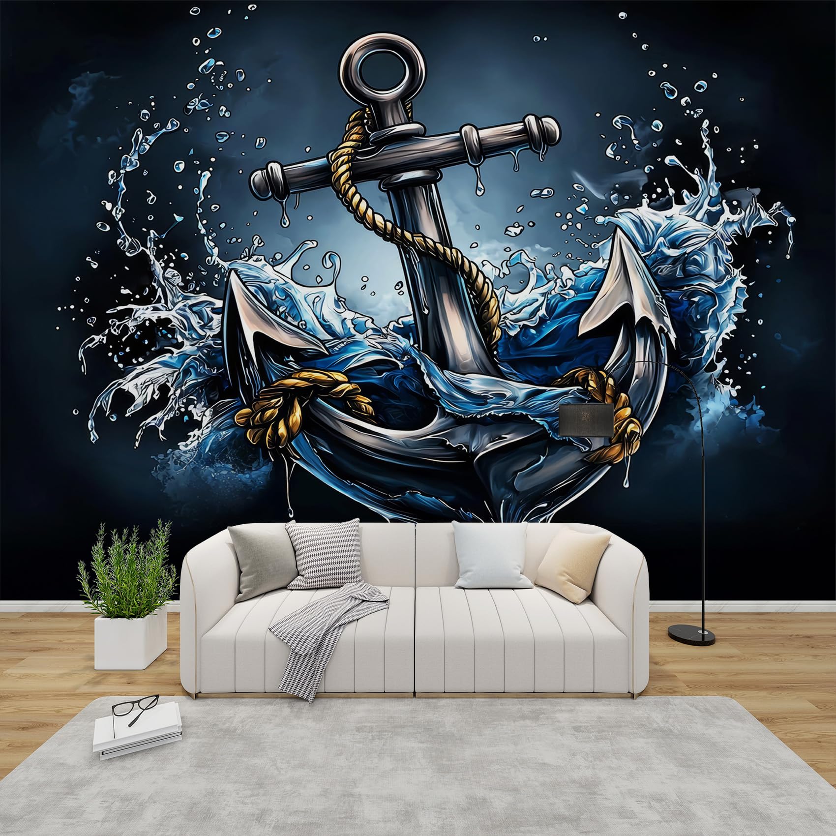 Fototapete Anker Schlafzimmer, 3D Tapete Nautisch, Vliestapete Schwarz Blau, Tapeten Wohnzimmer Muster, Meer Maritime Segeln Wand Deko Kinderzimmer, Wandtapete, Mustertapete 416x254 cm