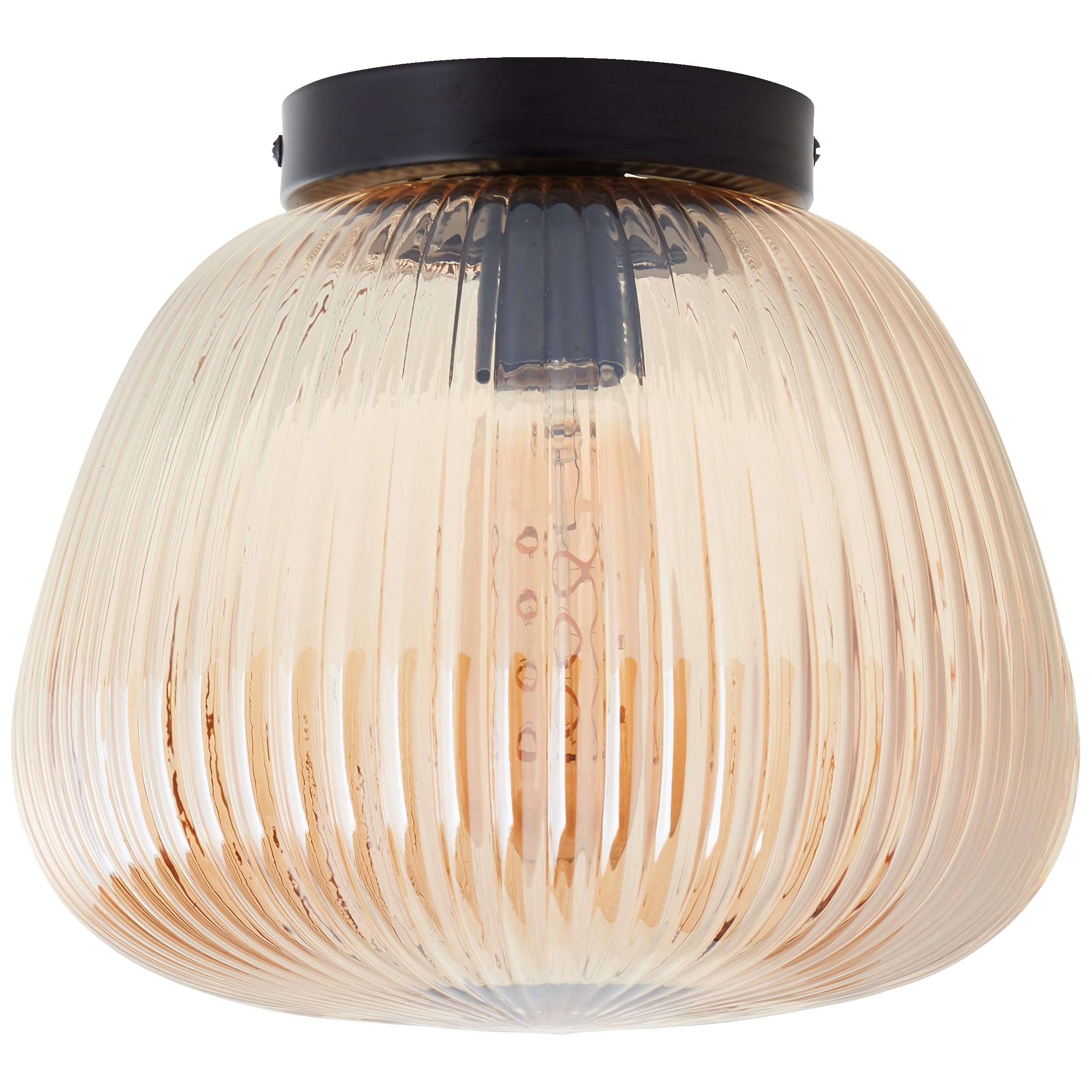 Lightbox Retro Deckenlampe mit Riffelglas Lampen-Schirm | Ø 25 cm | dekorative Deckenleuchte | E27 Fassung | Wohnzimmer-Lampe aus Glas/Metall in Amber-Bernsteinfarben/Matt Schwarz