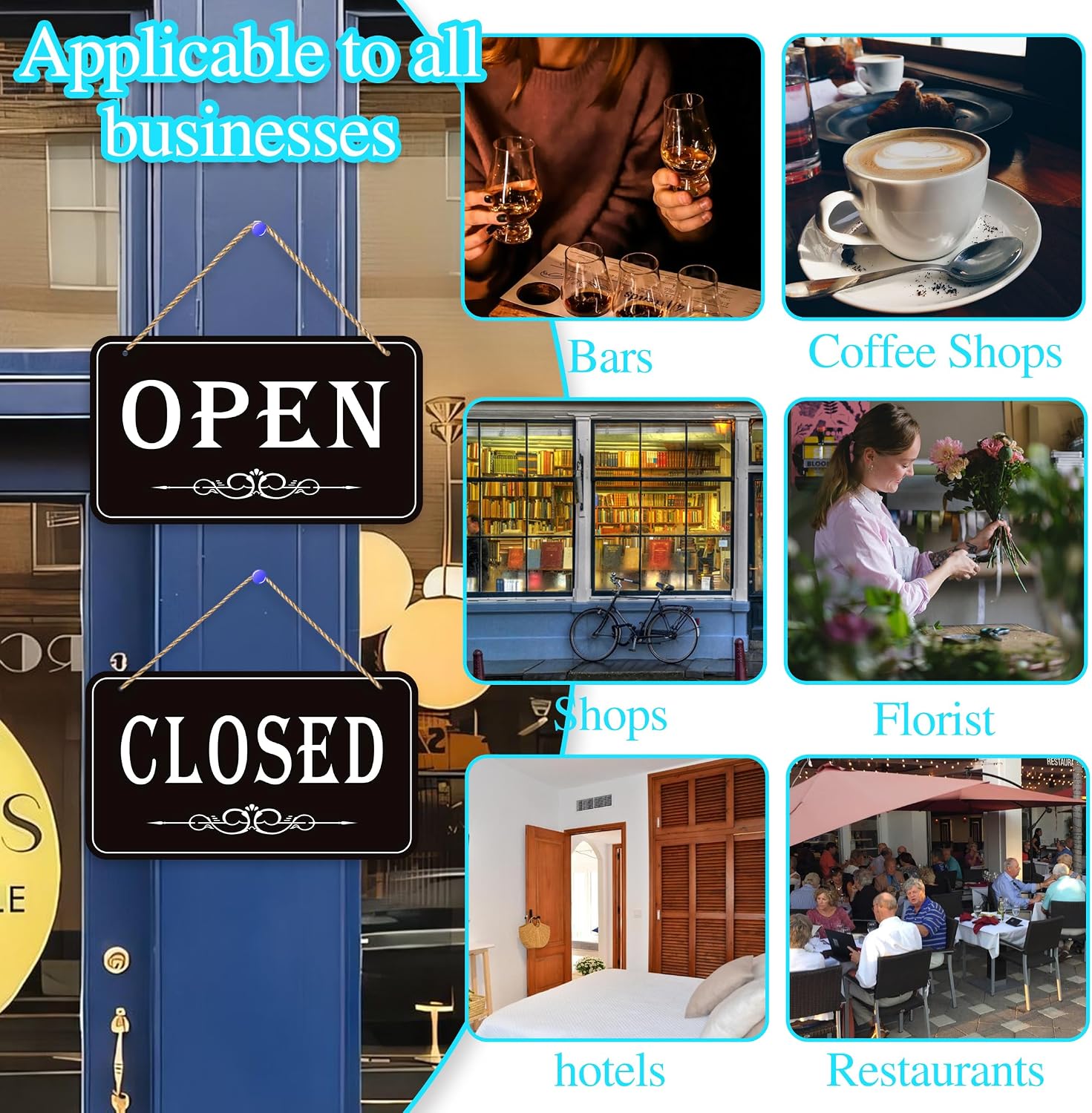 Open Closed Signs for Business, 12x6.7 Waterproof Double Sided Come In or Closed Hanging Sign, Business Open and Closed Hours Flip Sign for Stores Restaurants Bars Shops Door Window