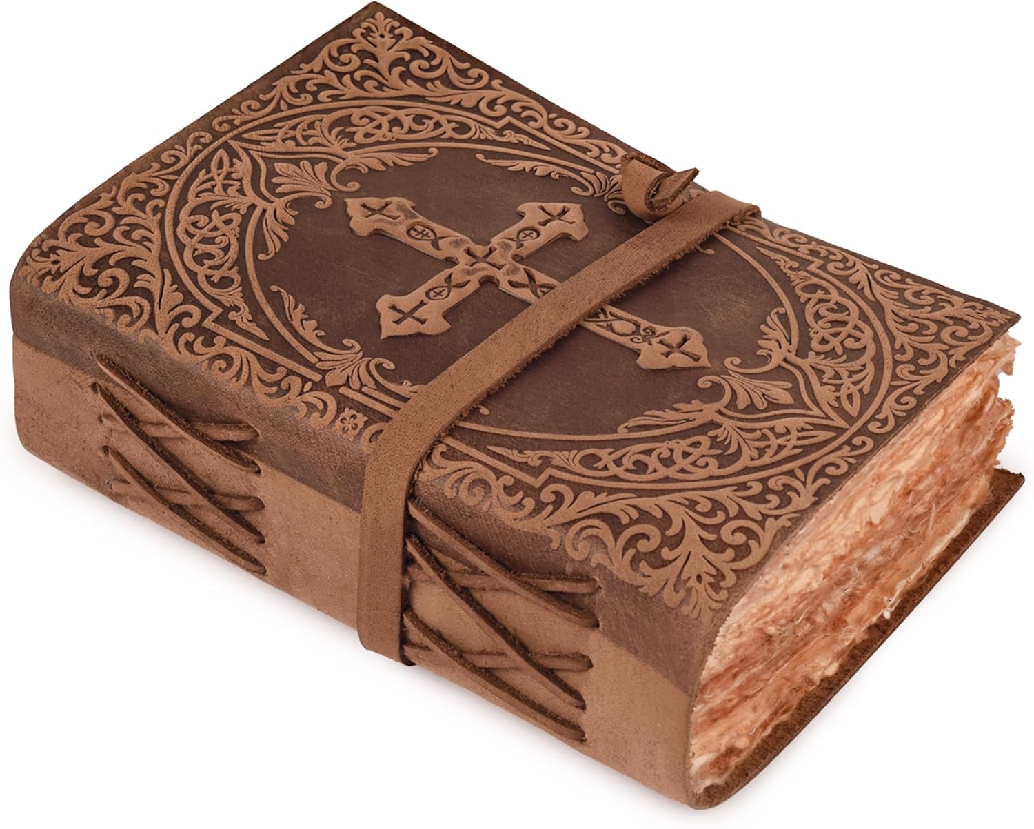 LEATHER VILLAGE Leather Bound Vintage Journal for Men & Women – Handmade Christian Cross Embossed Bible Journal - 200 Pages Antique Deckle Edge Watercolor Paper - Vintage Brown - 7X5 inches
