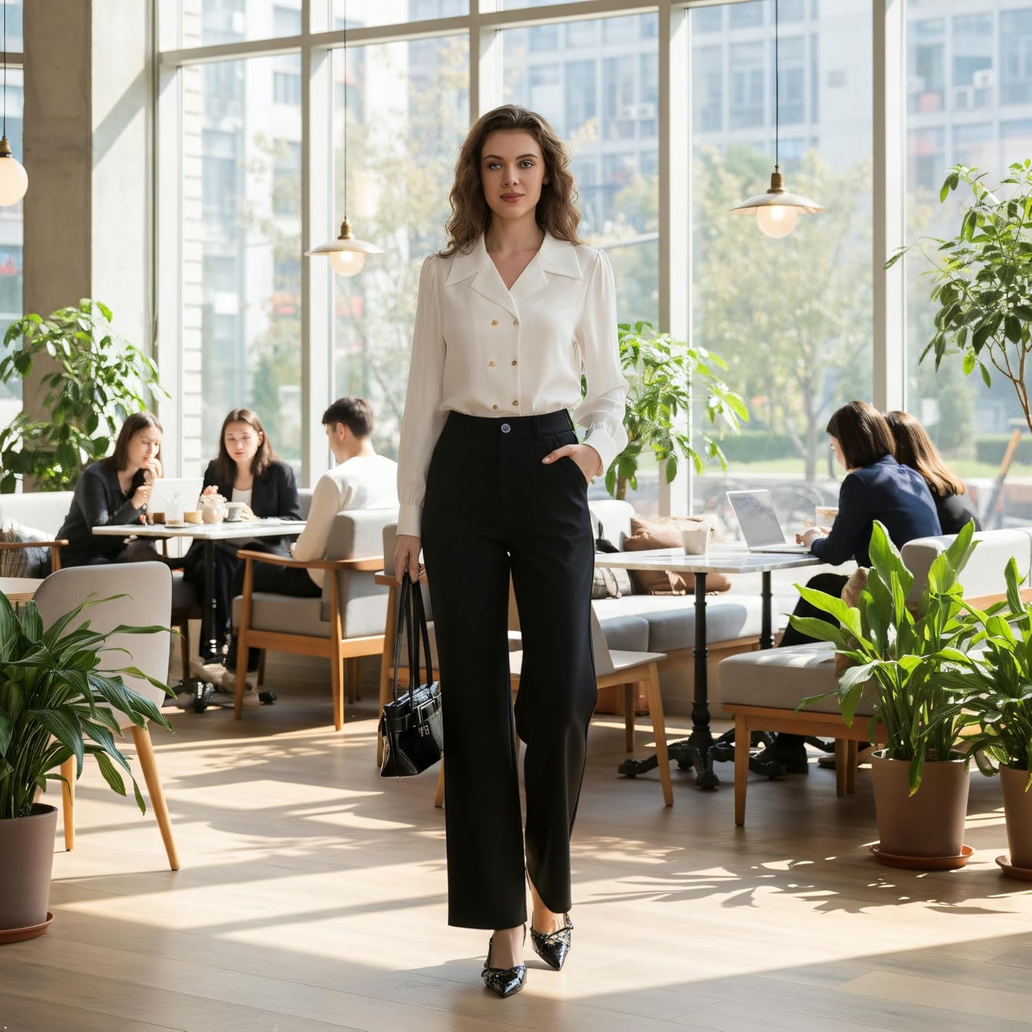 Women's Wide Leg Palazzo Pants, Black, High Waist Casual Work Trousers with Pockets, Polyester