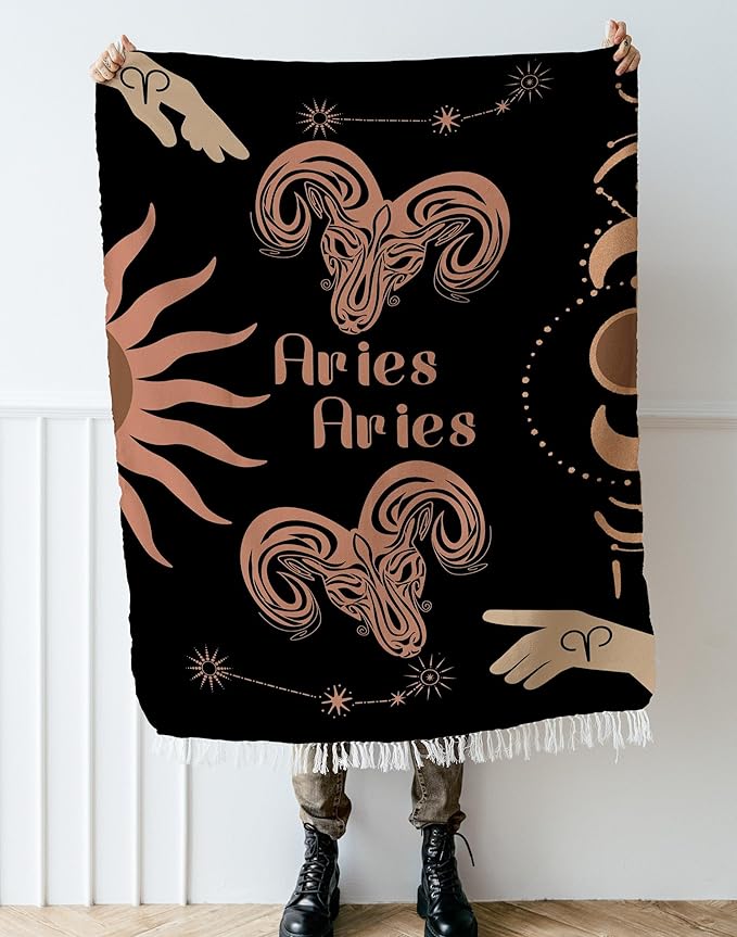 Throw Blanket, 100% Cotton Woven, Zodiac Compatibility Sign, Astrology Decor Woven Tapestry, Aries Aries Horoscope Match 2-Inch Fringe Detail, Vintage Aesthetic Multiple Sizes 52 x 37