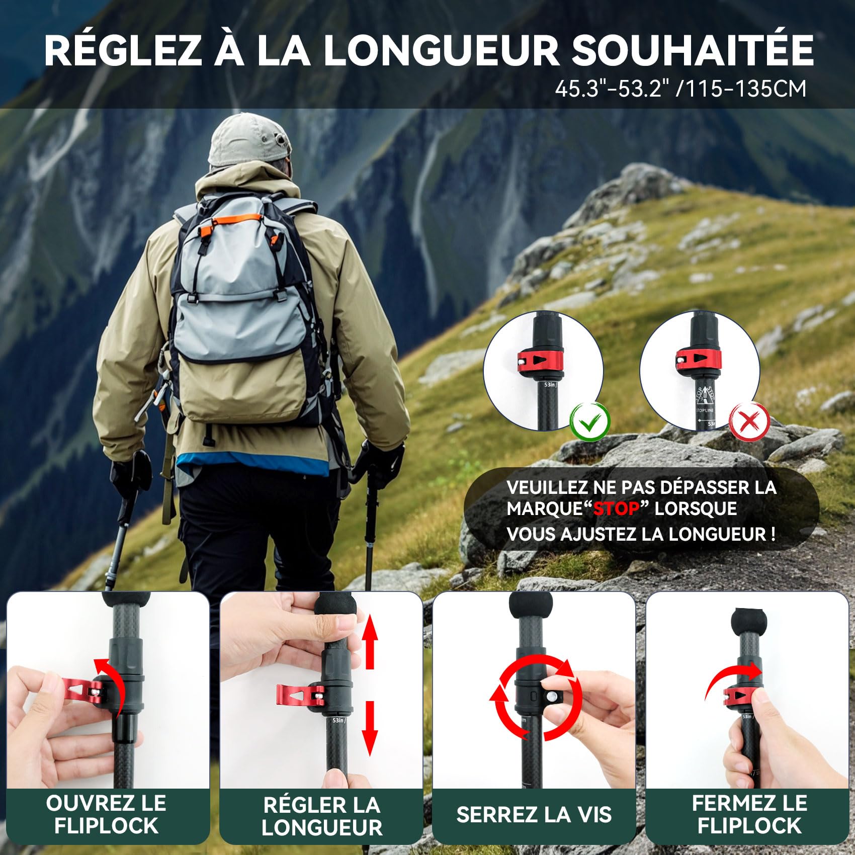 UnderwoodAggregator Bâtons de Randonnée en Fibre de Carbone - Pack de 2 Bâtons de Marche Léger et Réglables pour Hommes et Femmes, Bâtons Pliables avec Verrouillage Rapide, Compact pour Randonnée