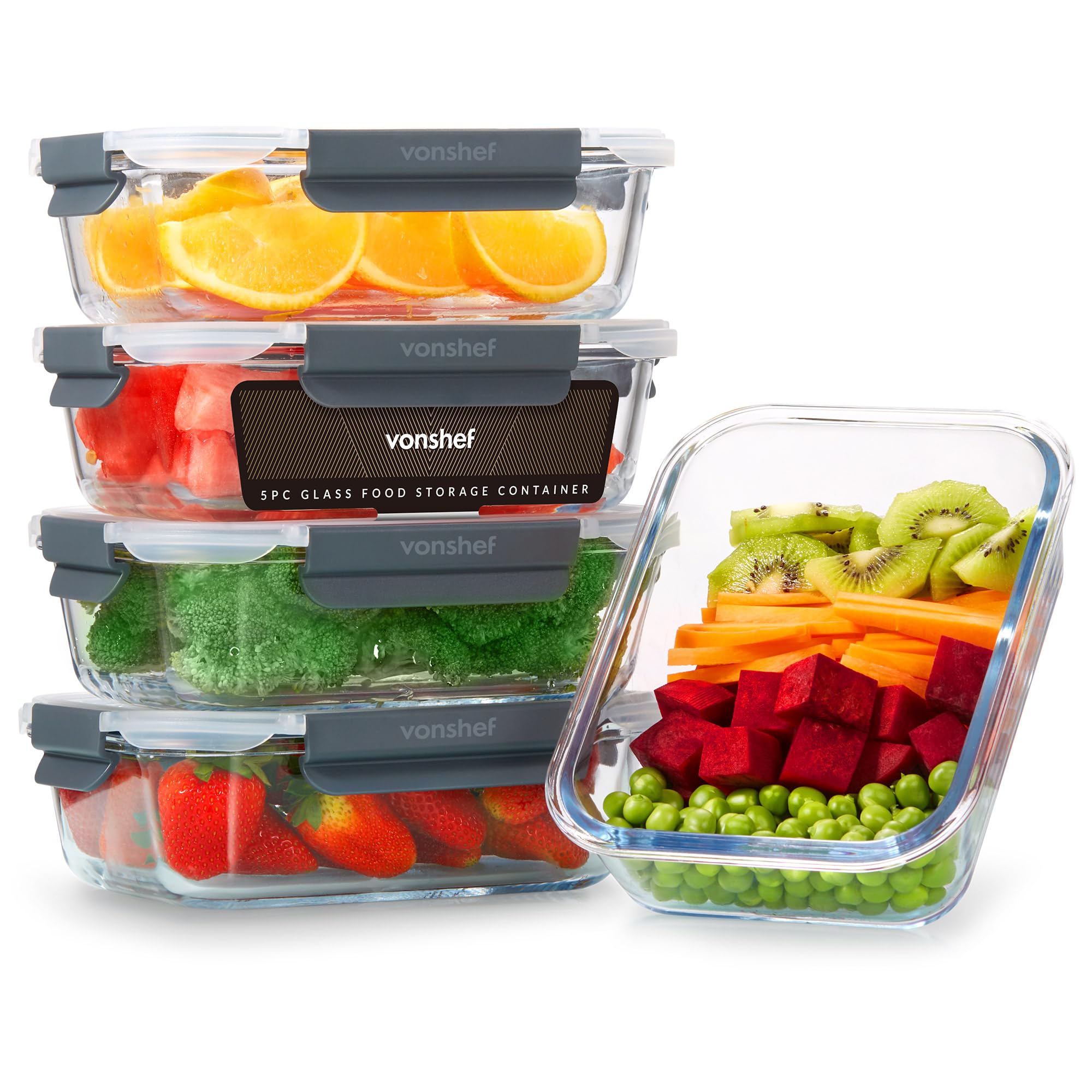VonShef Glasbehälter mit Deckel – 5-teiliges Mealprepboxen,1 L, Ofen & Mikrowellengeeignet, Spülmaschinenfest, Luftdicht & Auslaufsicher – Ideal Vorratsdosen zum Vorkochen