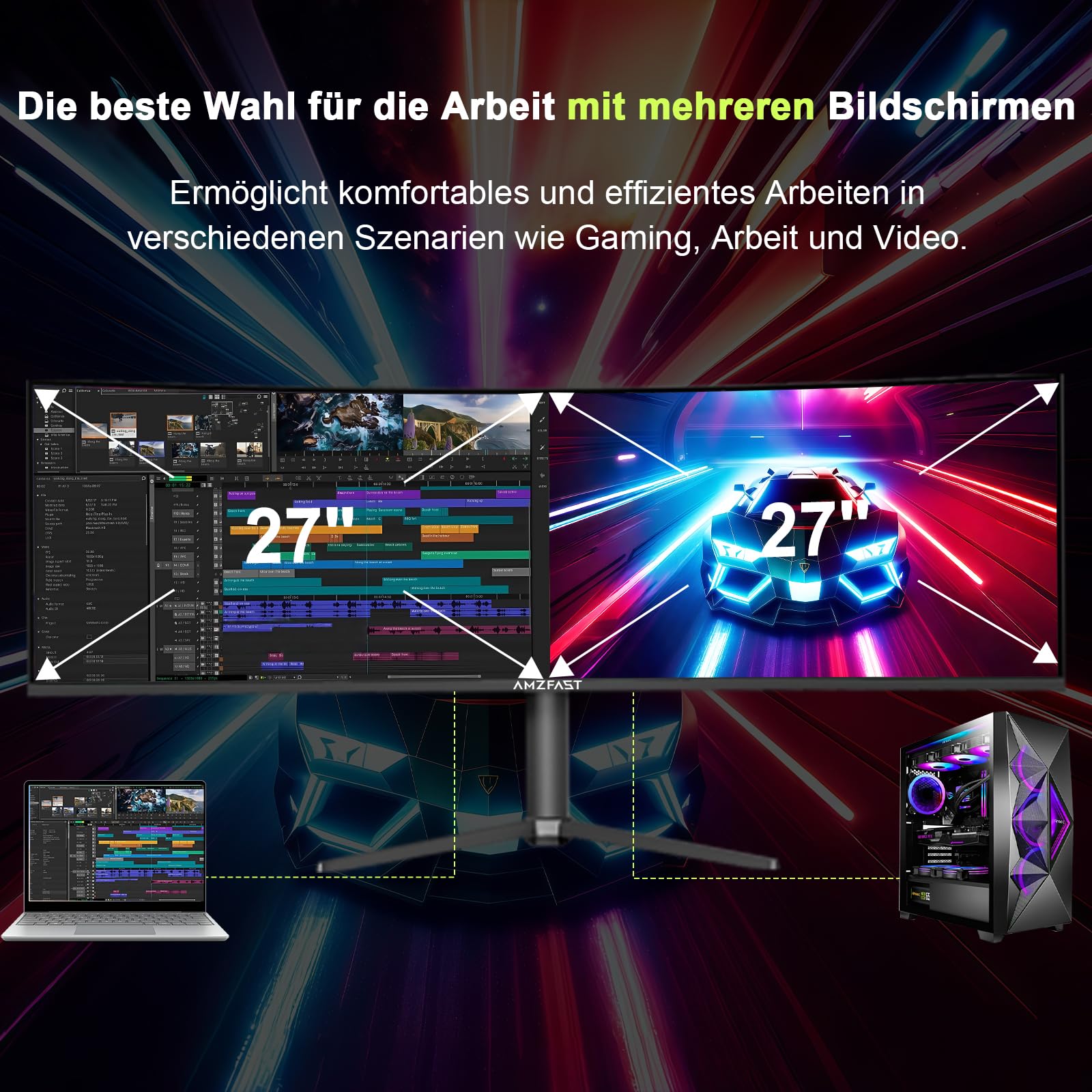 Amzfast Monitor Gaming Curvo 49 Pulgadas - DQHD 5120x1440 (32:9), 120 Hz, 1 ms MPRT, Adaptive Sync, sRGB 120%, Luminosidad 350cd/m², HDMI 2.0, DisplayPort, Eye Care, VESA 75x75, Pip/PBP, AMZG49C7U