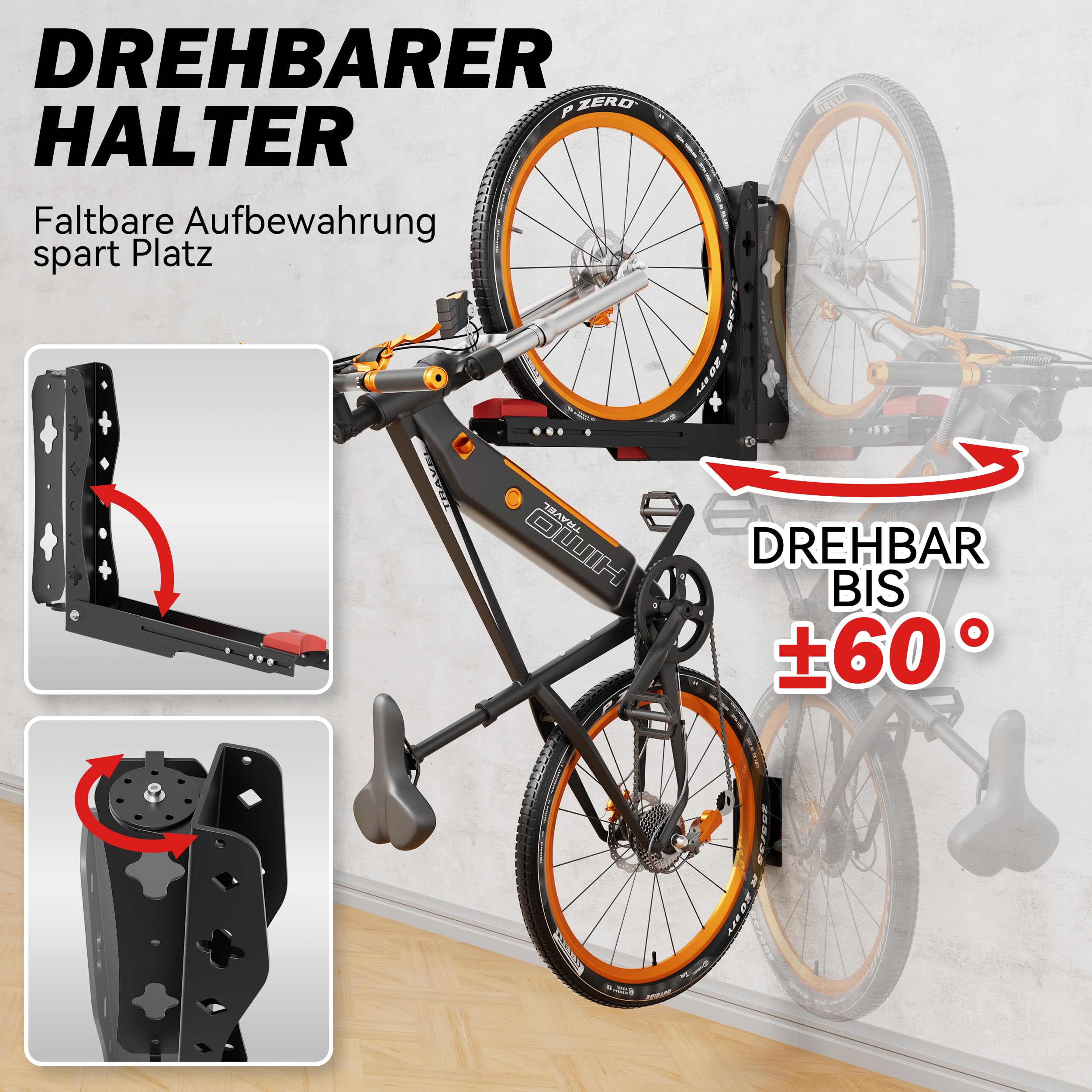 Supporto da parete girevole per bicicletta, da parete, salvaspazio, facile da appendere e da appendere, può contenere fino a 35 kg, per biciclette da 24 a 29 pollici (1)