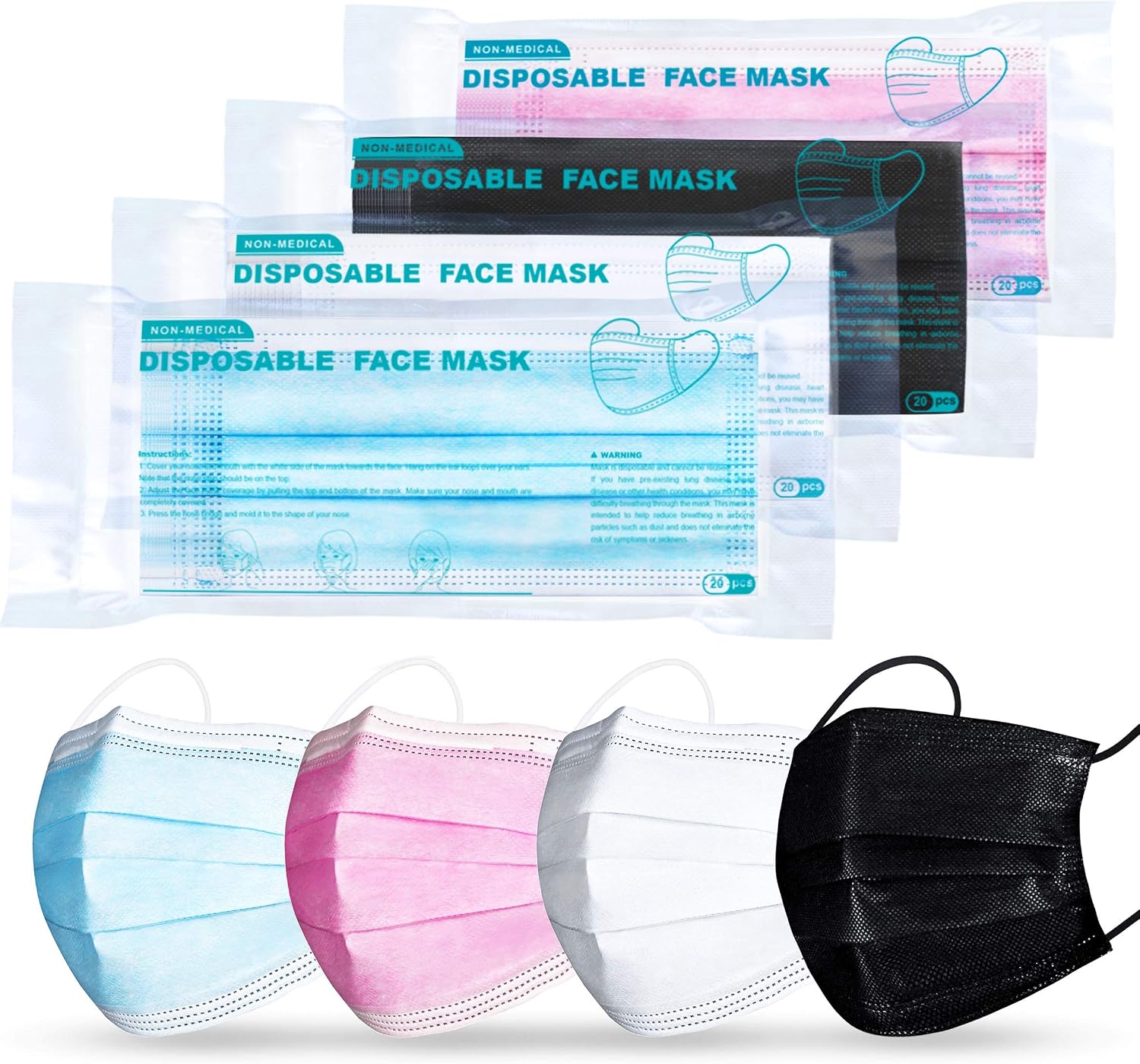 [80 Pcs] Individually Wrapped Tomorotec Disposable Protective Face Masks Assorted Colors (Value Pack of 80, 4 Colors) 20 PCS for Each Color