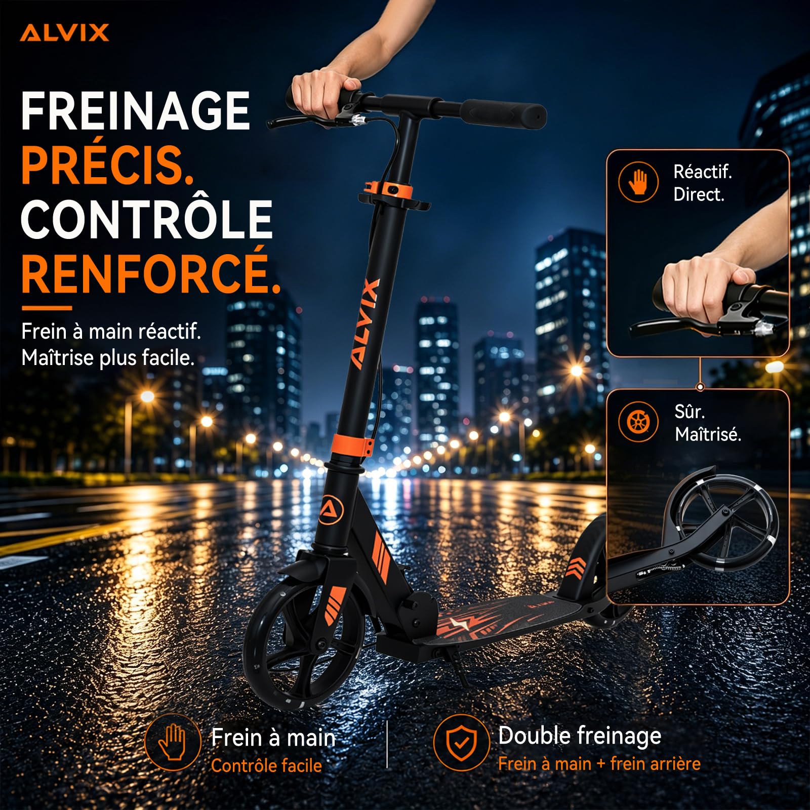 ALVIX Trottinette pour enfant avec frein à main et roues lumineuses LED, hauteur réglable à partir de 6 ans, roues de 200 mm, trottinette pliable avec sangle de transport, large plateau, jusqu'à 100