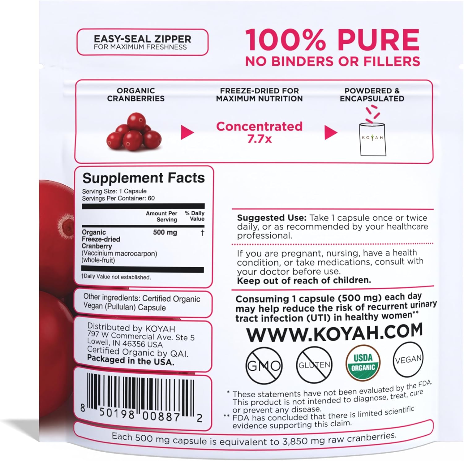 KOYAH - Organic Cranberry Capsules – 500 mg, Freeze-Dried, Whole-Berry, Vegan, Non-GMO, Supports Urinary Tract & Antioxidant Health, 60 Capsules - Image 2