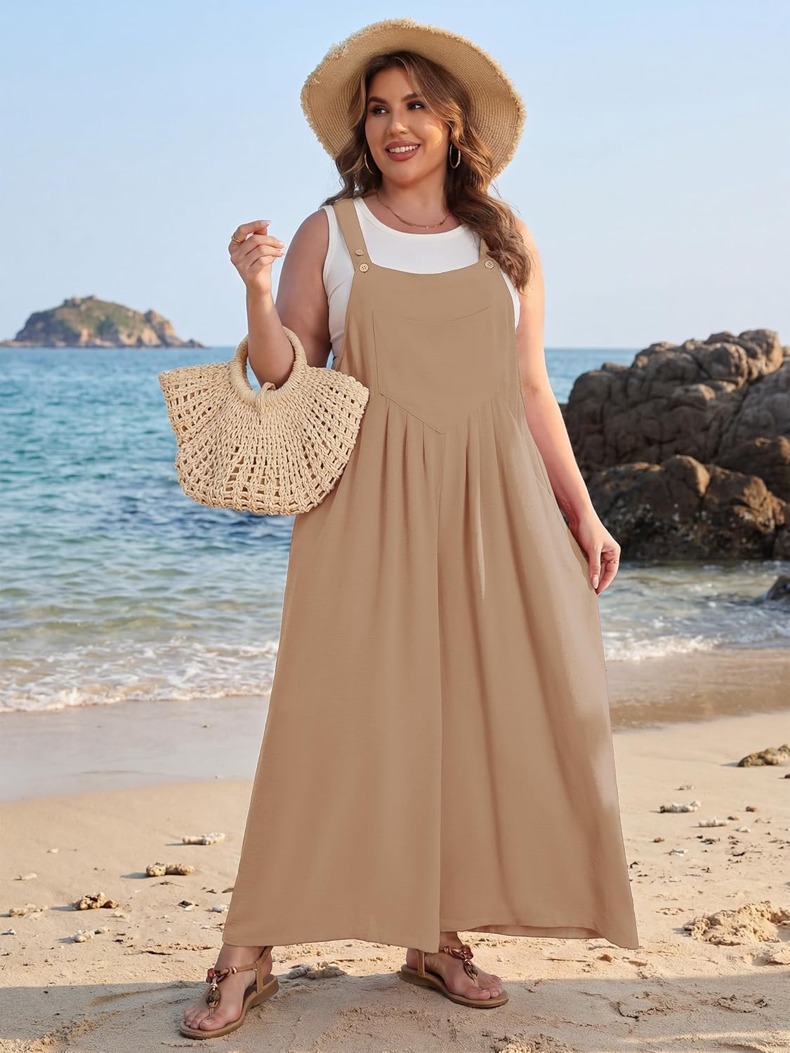 Lastshe Plus Size Jumpsuit for Women Casual Wide Leg Overalls Loose fit Adjustable Rompers with Pockets 2024 - Image 3