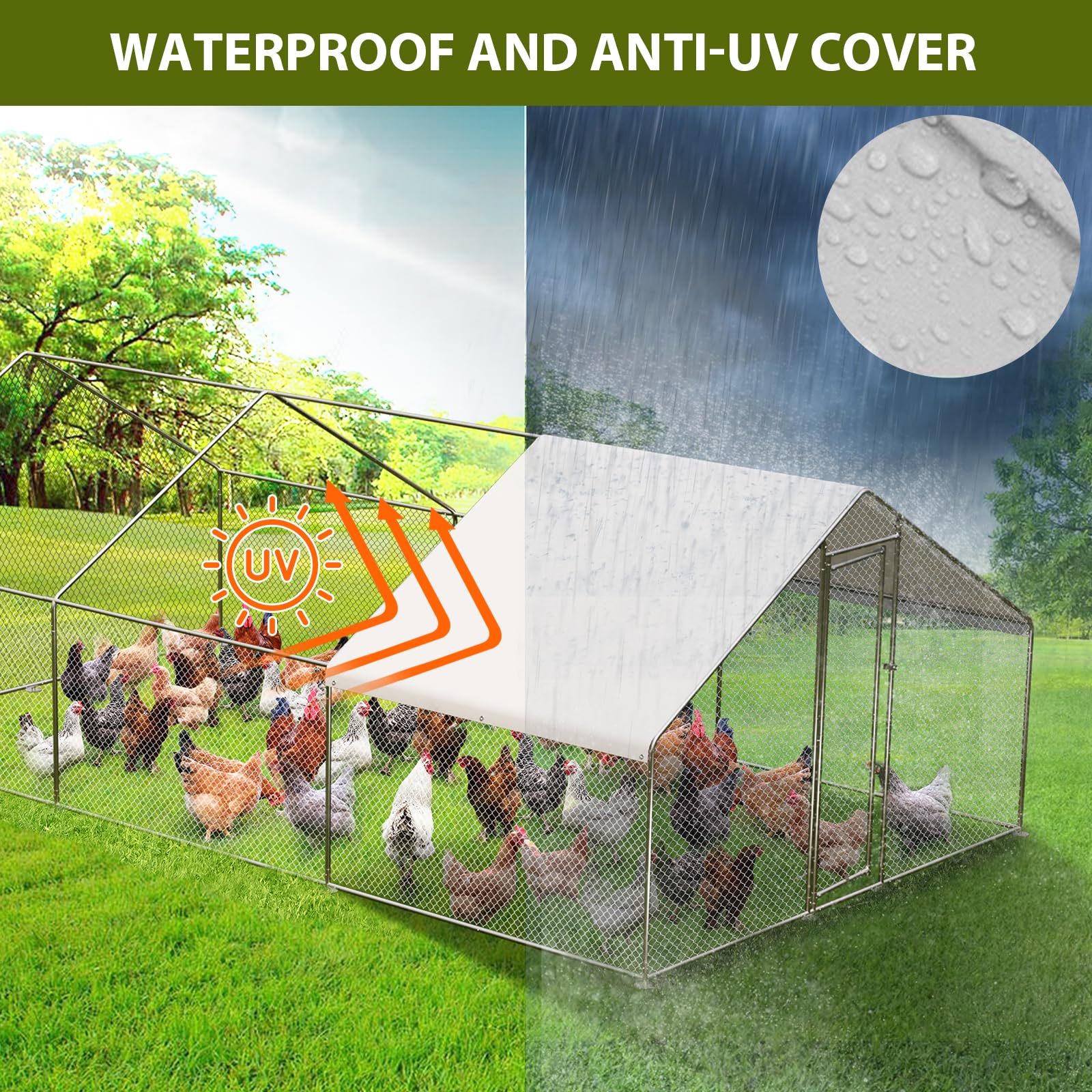 Garvee - Gran recinto para aves de corral de metal para granja y jardín, techo impermeable y protección contra rayos UV, seguridad óptima para gallinas, patos, conejos y animales pequeños, montaje
