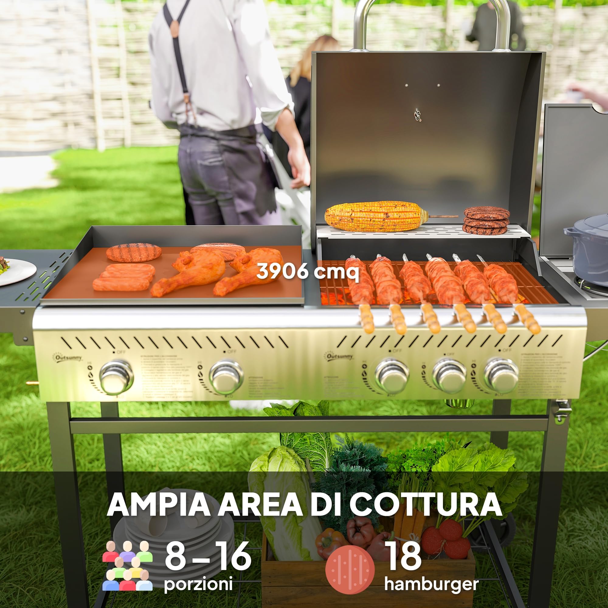 Outsunny Grill Gazowy 4+1 Palniki 12kW z Termometrem, Stal, Czarny Srebrny