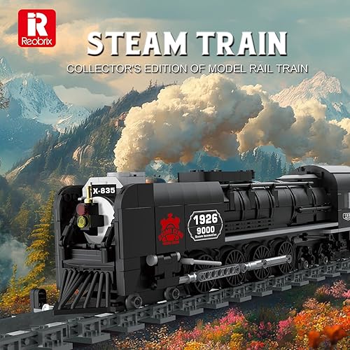 Miniatura 2 de Reobrix Steam Train Building Block 66801, juego de exhibición coleccionable de locomotora de vapor, juguete clásico modelo de tren de vapor, el