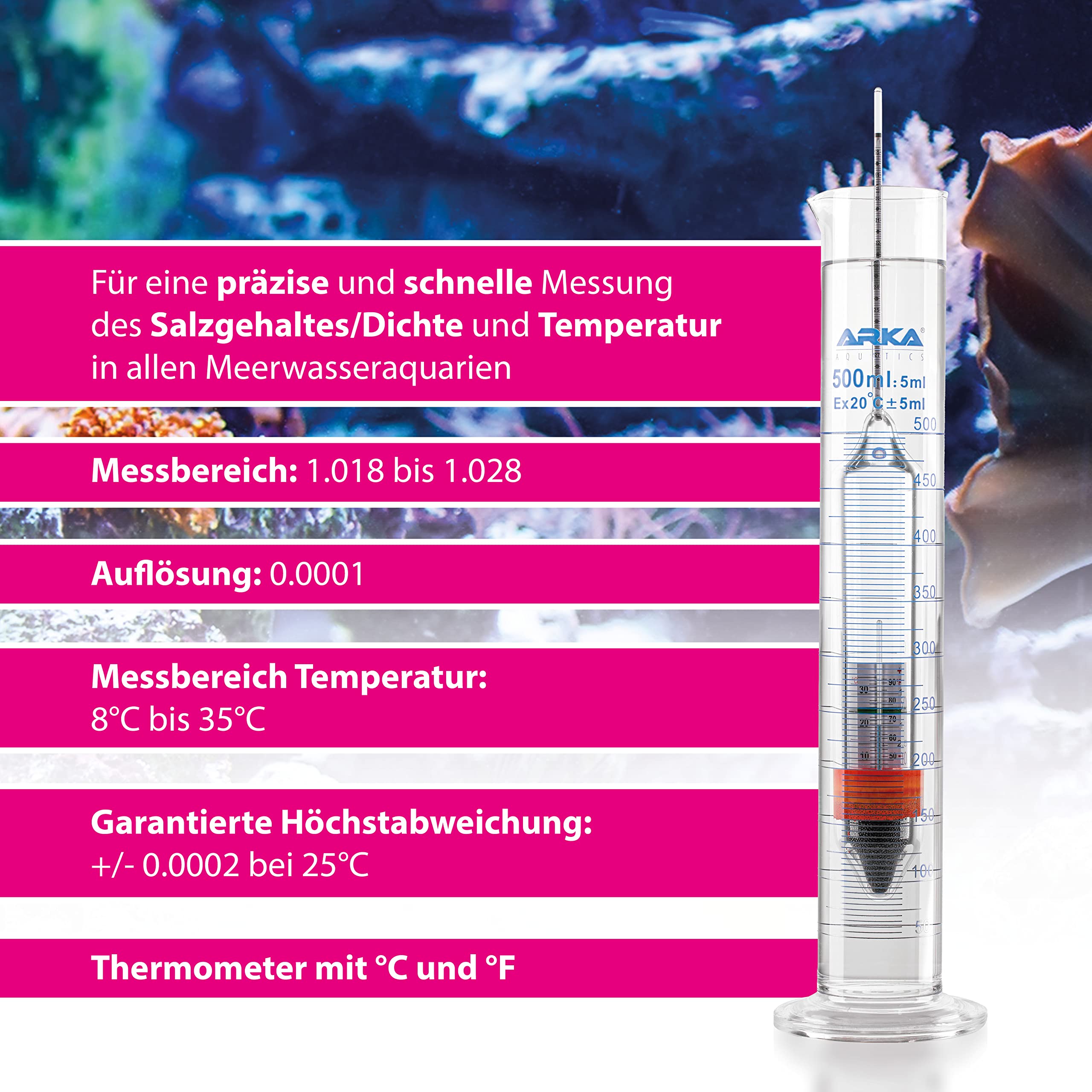ARKA Aräometer-Set - inkl. Thermometer & Messzylinder aus Borosilikatglas 3.3 - Hochpräzise Dichtemessung für Meerwasseraquarien, laborqualität, benutzerfreundlich