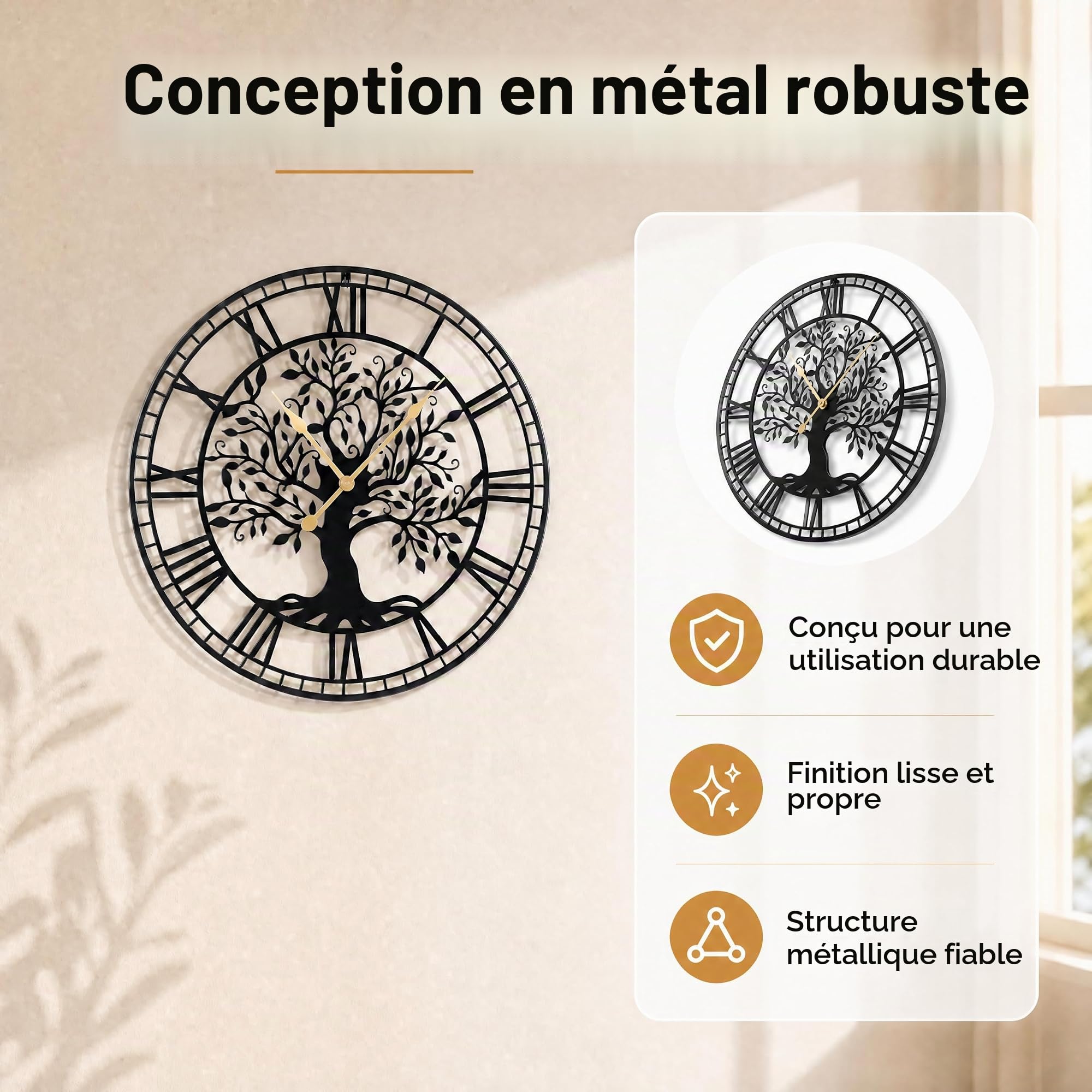 LIFEZEAL Grande Horloge Murale Silencieuse 68 cm, Horloge Murale Design Moderne Arbre de Vie en Métal, Pendule sans Tic-Tac à Piles, Décoration Murale pour Salon, Chambre, Bureau (Style1)