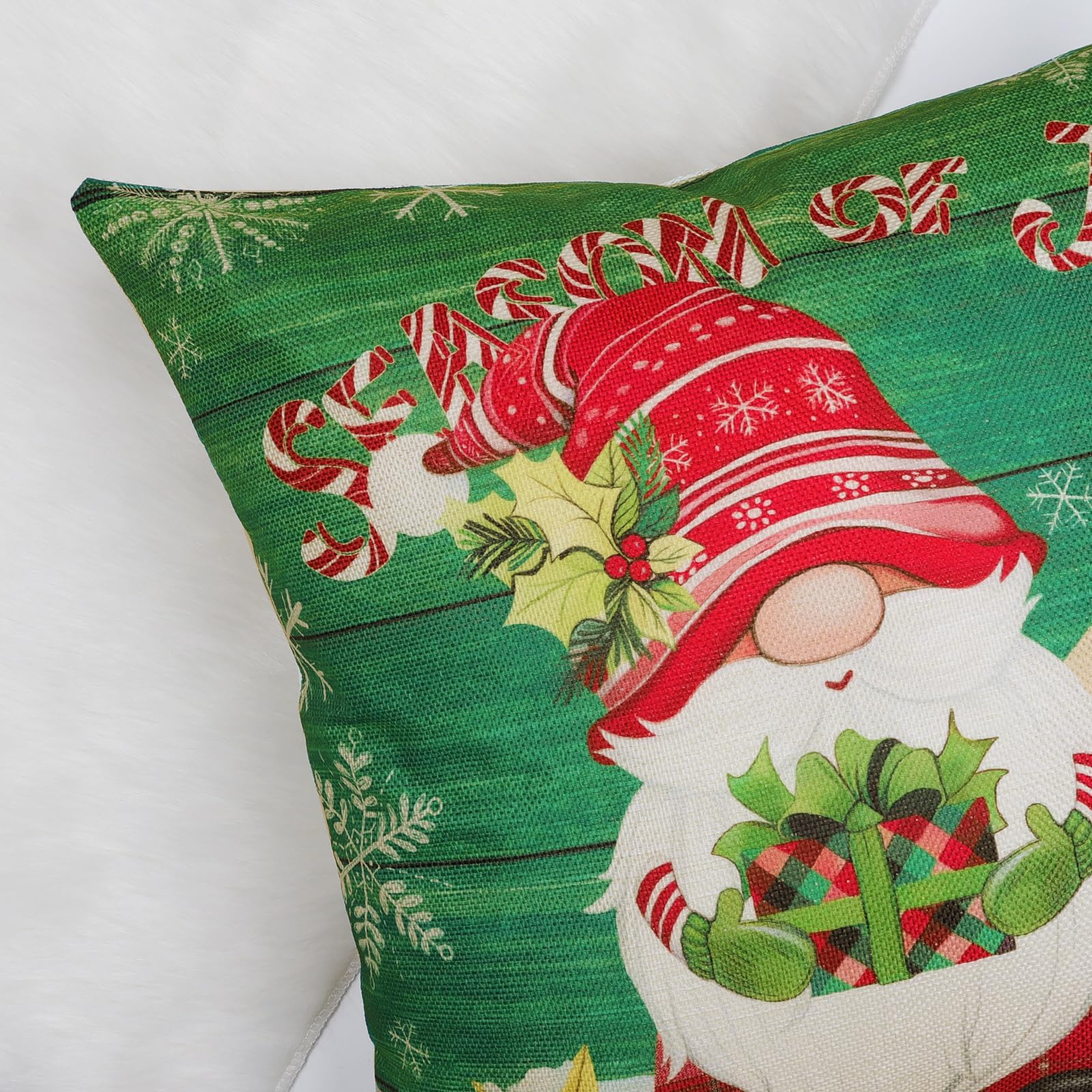 Bonhause Grey Merry Christmas Cushion Covers 45 x 45 cm Joy Gnomes Snowflakes Snowman Decorative Throw Pillow Covers for Sofa Bed Home Winter Holiday Decor Set of 4 - Image 4