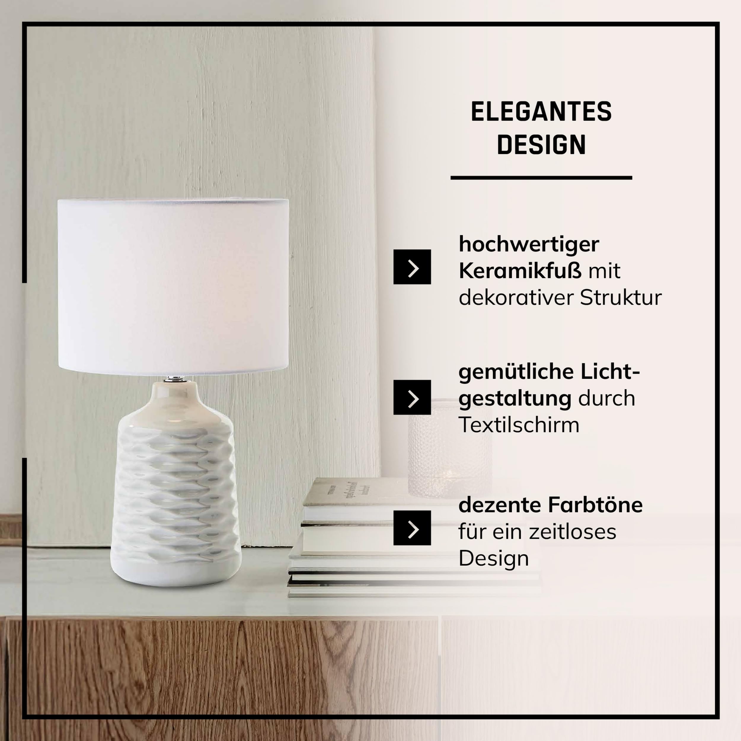 Lightbox Keramik Tischlampe - graue Tischleuchte mit weißem Stoffschirm - Lampe für Wohnzimmer & Schlafzimmer - exkl. E14 LED