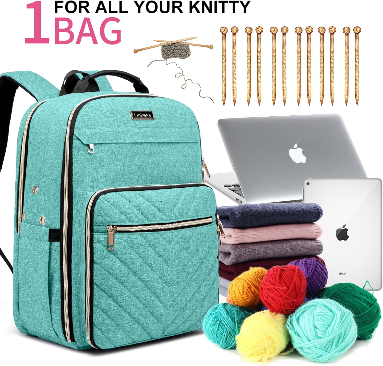 Liokesa Knitting Bag Backpack, Crochet Bag Tote, Large Yarn Storage Tote Bag with USB Charging Port, Yarn Holder Case for Carrying Projects, Knitting Needles, Yarn Supplies, Light Green