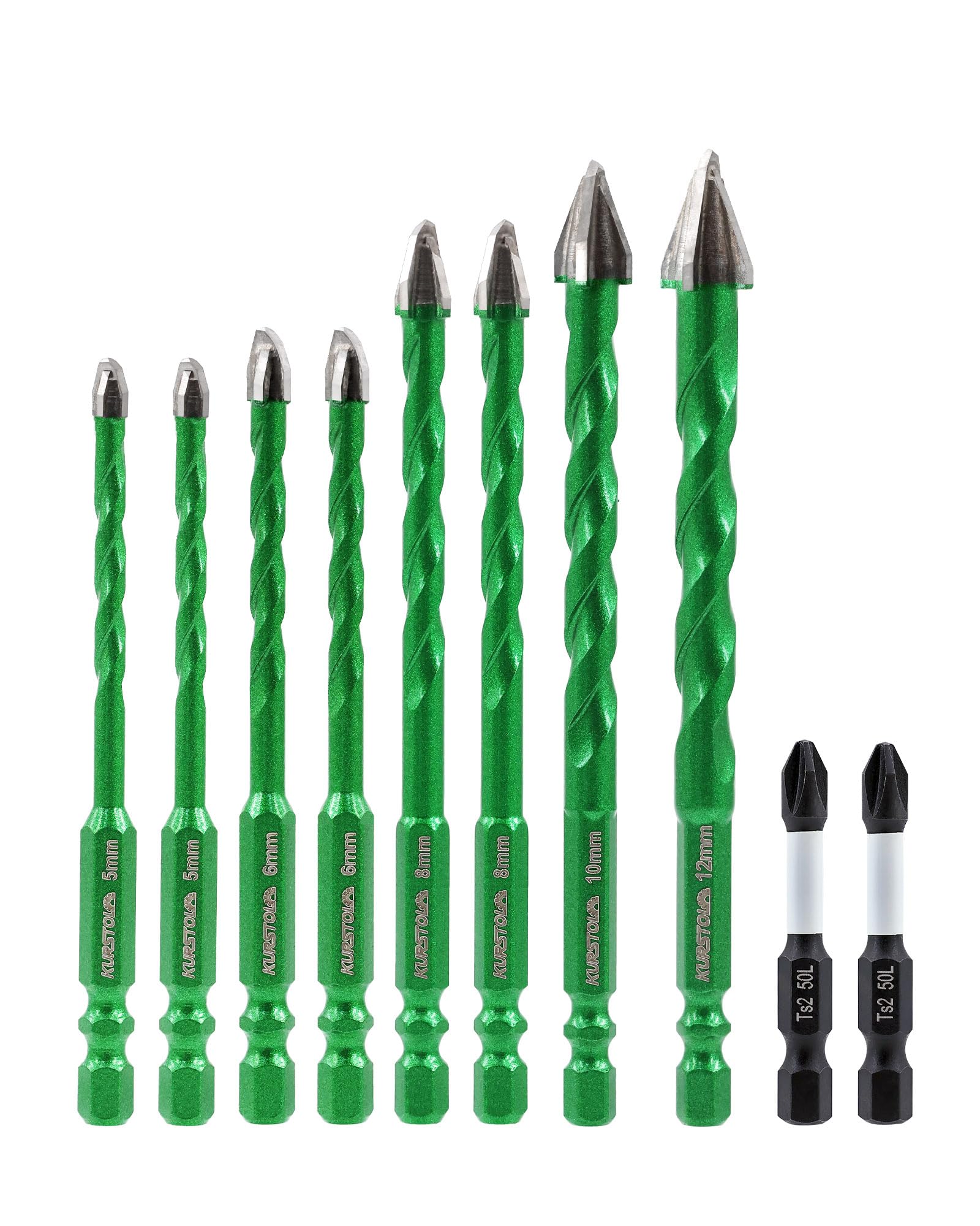 KURSTOL Masonry Drill Bit Set 10pcs, 5 * 2/6 * 2/8 * 2/10/12mm Carbide Eccentric Drill Bit with 2pcs PH2 Screwdriver Bit Quick Change Shank for Masonry Concrete Glass Ceramic Tile Wood Plastic
