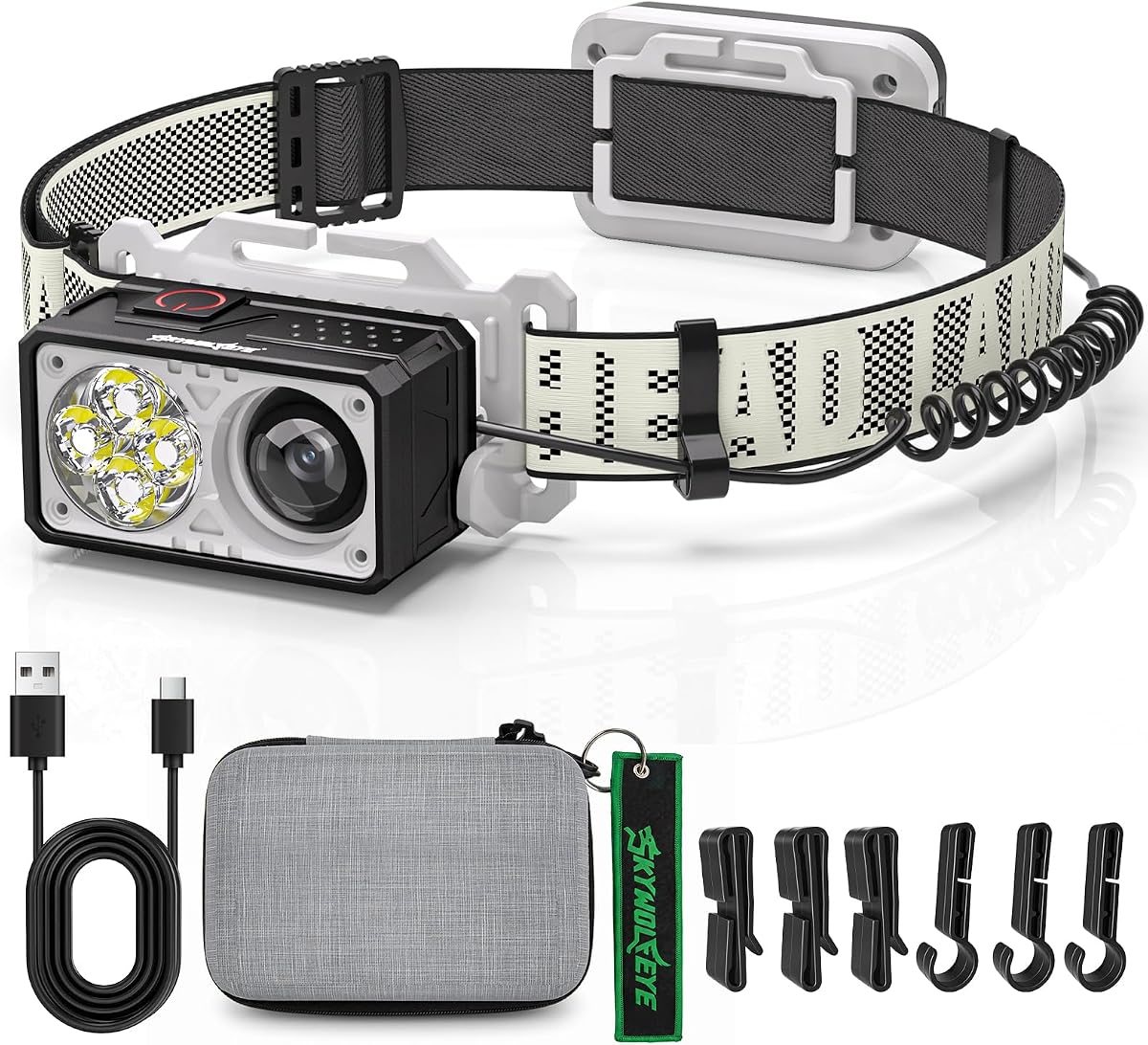 LED Headlamp Rechargeable, 2500 High Lumens Head Lamp with Red Light 8 Modes，Waterproof Lightweight Hardhat Head Flashlight for Camping Running Fishing Crafting Mechanic Work