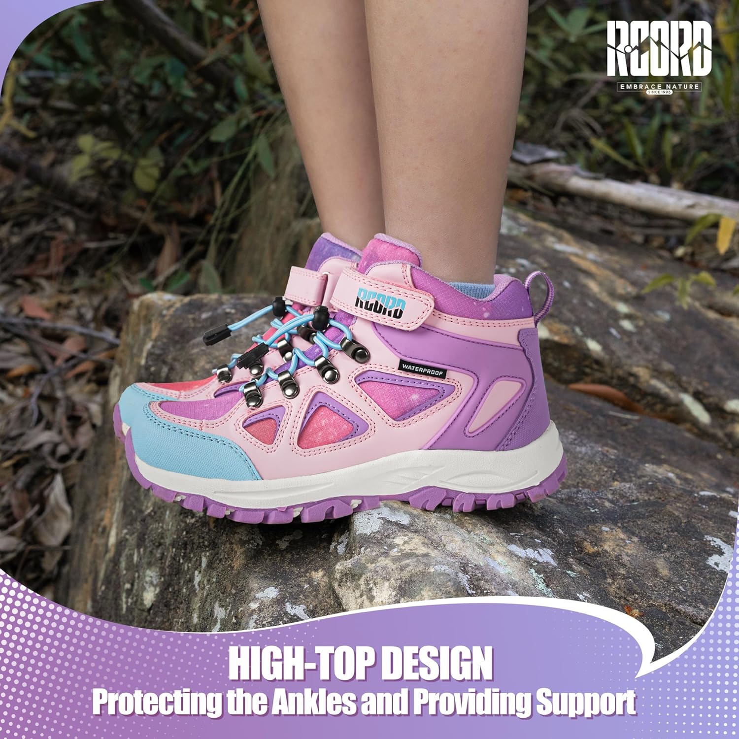 R CORD Kids Hiking Boots Waterproof Girls Hiking Boots Durable TPR Traction Outsole Anti-Skid Athletic Hook and Loop Drawstring Closure Hiking Boots for Outdoor - Image 4