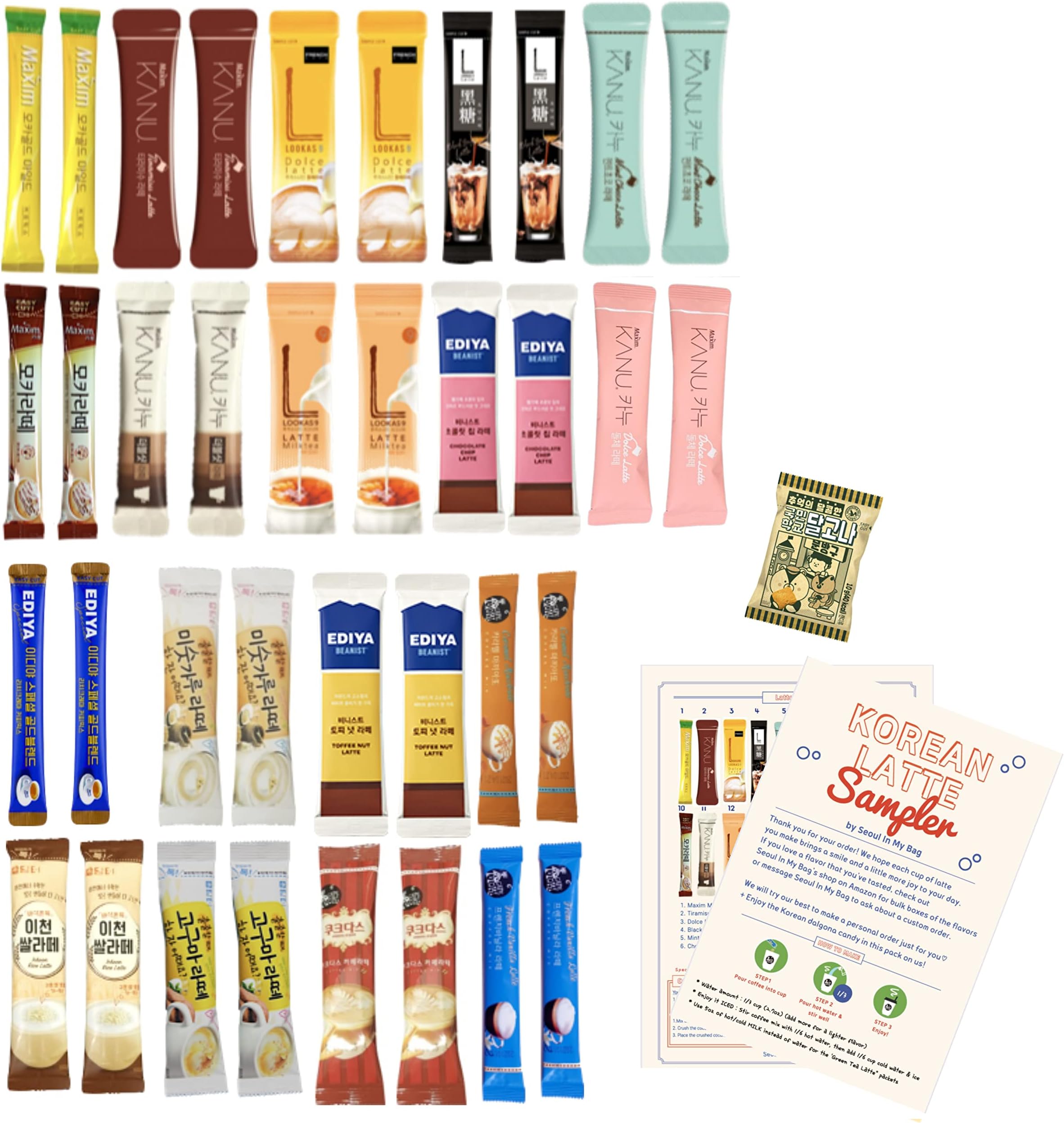 Korean Instant Coffee - Latte Sampler Gift Care Pack 36 Count (18 flavors x 2) - Tiramisu, Dolce, Kanu, Maxim Mocha Gold, Sweet Potato, Vanilla, Gold Blend, Caramel, & more)