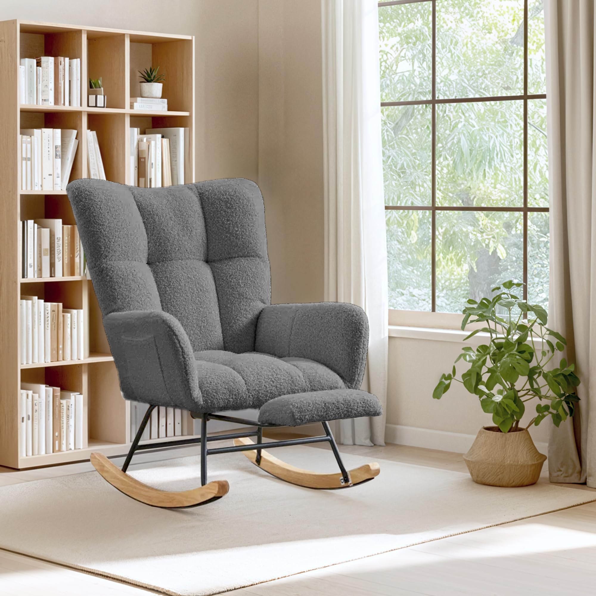 FLEXISPOT Silla Mecedora con Respaldo Alto y Reposapiés – Sillón Balancín Moderno con Patas de Madera, Sillón Acolchado para Salón y Dormitorio, Soporta hasta 120 kg, Gris