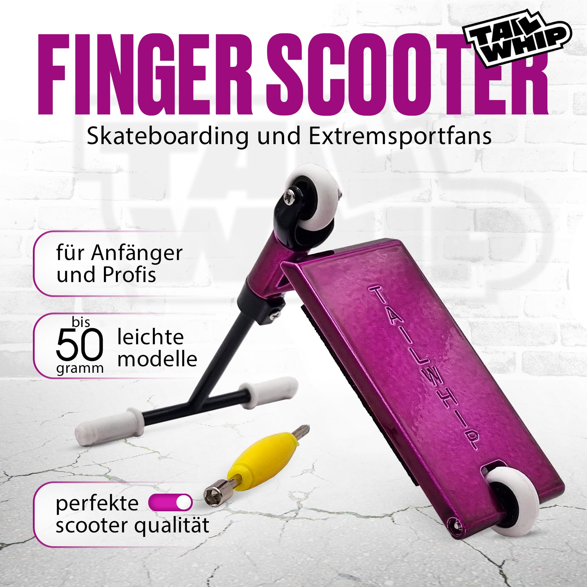 TAILWHIP Finger Scooter aus Metall – Mini Roller Spielzeug für Tricks, Fördert die Handmotorik – Kompatibel mit Tech Deck Fingerboard, Skatepark und Finger Bike BMX, Purple