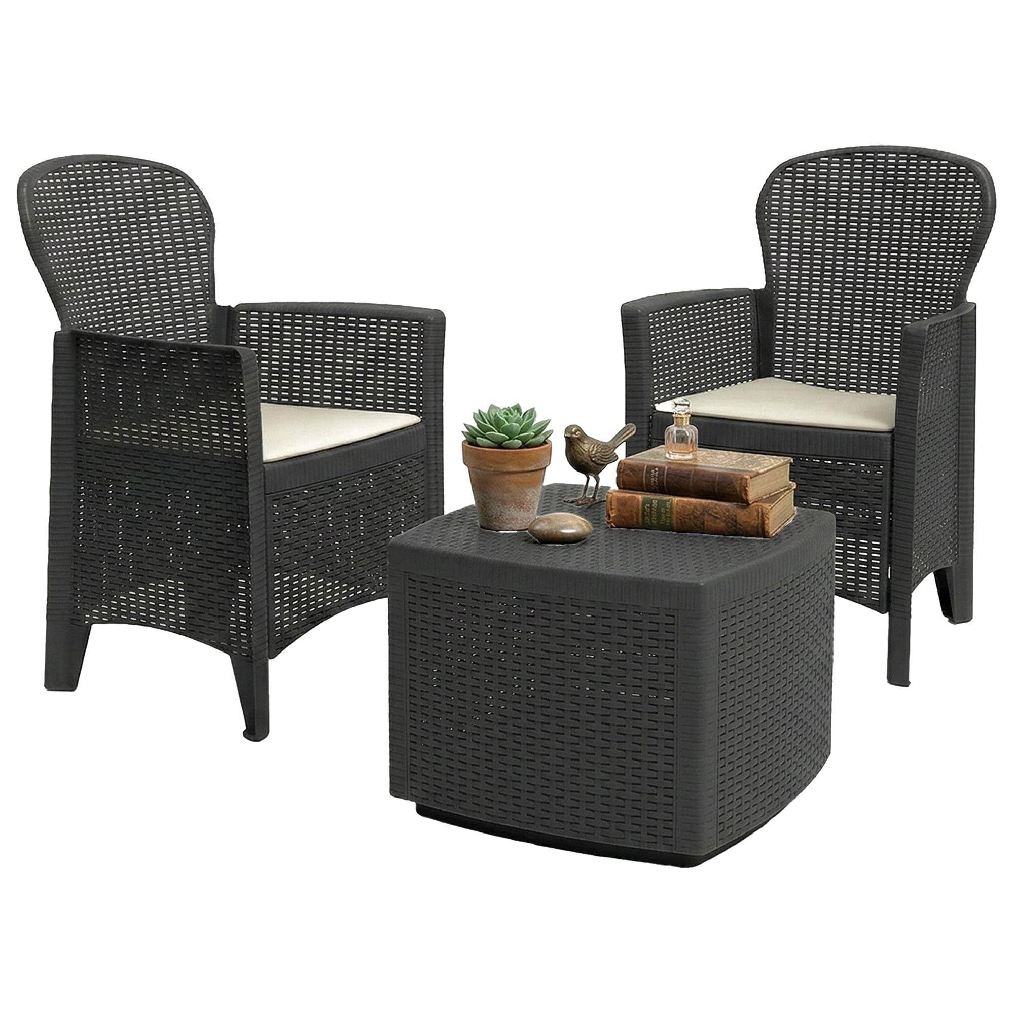Dmora - Ensemble de salon d'extérieur Naples, Composition de jardin avec 2 fauteuils et 1 table de rangement, Salon effet rotin, 100% Made in Italy, Anthracite