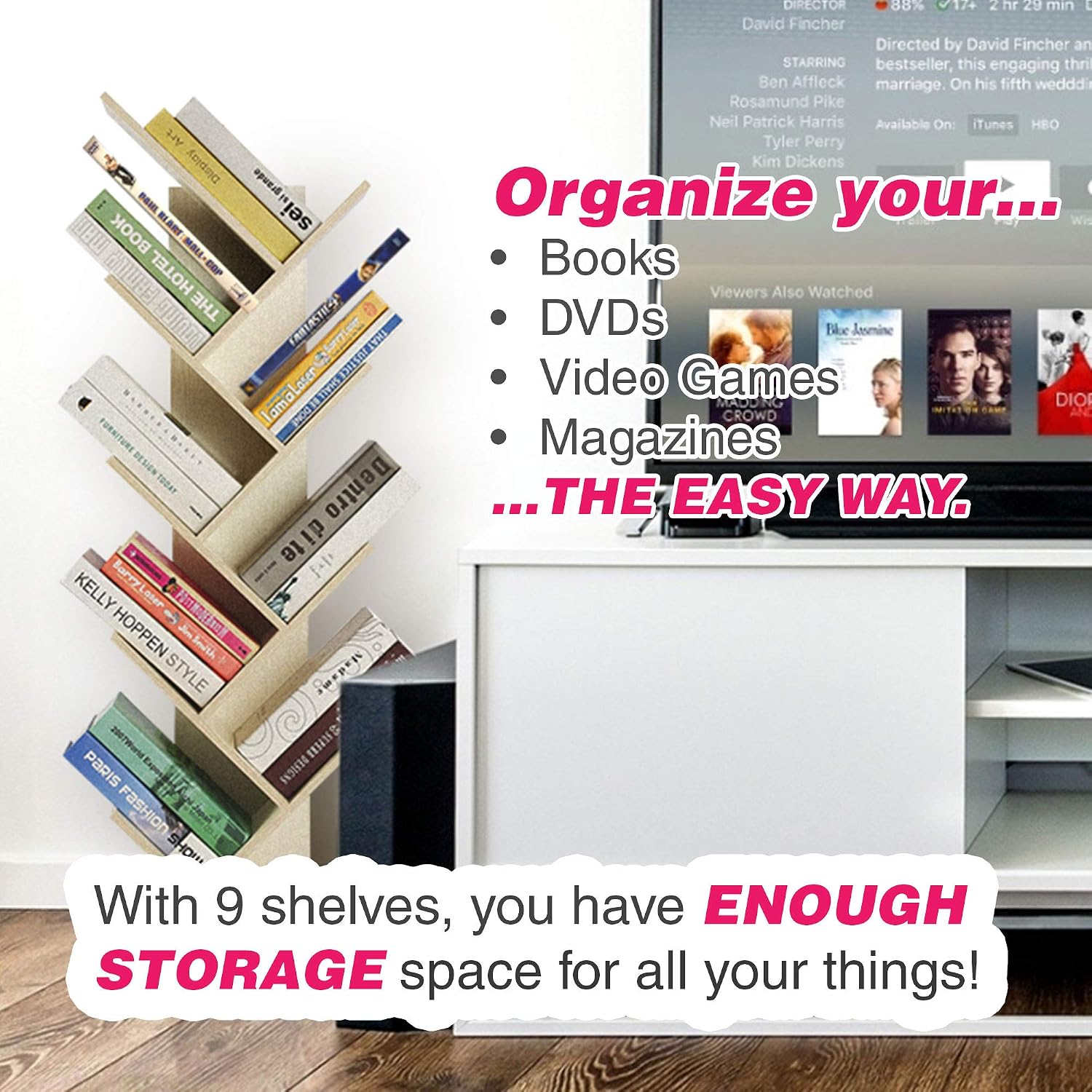 Berry Ave 9-Tier Tree Bookshelf - Unique Bookshelf for Books, Magazines, DVDs & More- Space Saving Spine Book Tower - Free Standing Bookcase in Modern Design for Home & Office Use (White)