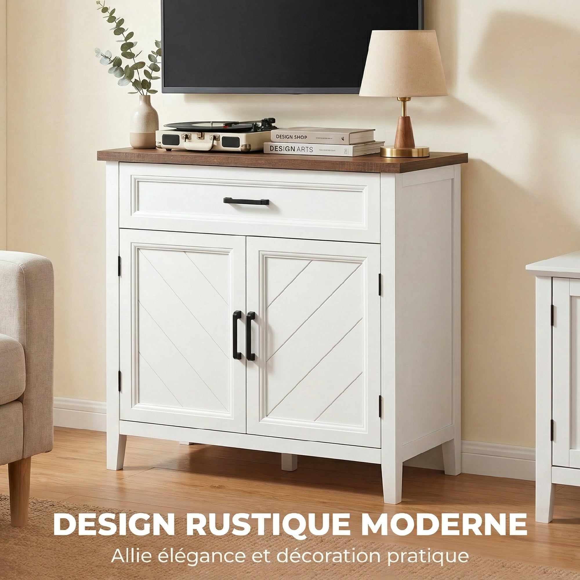 HOMCOM - Aparador para salón (76 x 35 x 80 cm), color blanco | Mueble de almacenamiento, 2 puertas de Chevron, estilo rústico, aparador comedor, cocina
