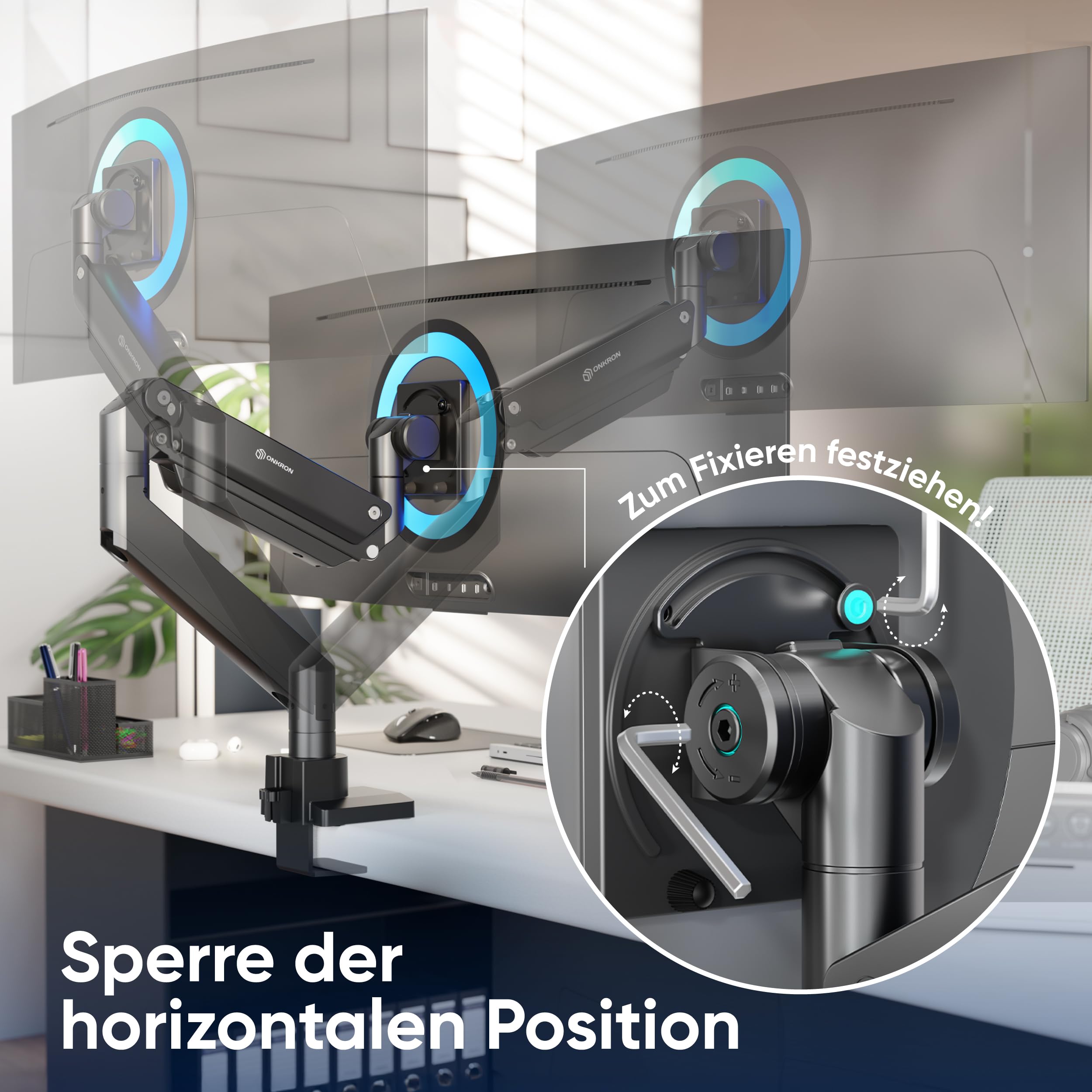 ONKRON Monitor Halterung 17-57 Zoll, bis 27 kg, max VESA 200x200, G130-B | Ultrawide Monitorarm bis 58,5 cm ausziehbar, Gasdruckfeder, schwenkbar, drehbar, Klemm-/Bohrmontage; für Büro & Gaming