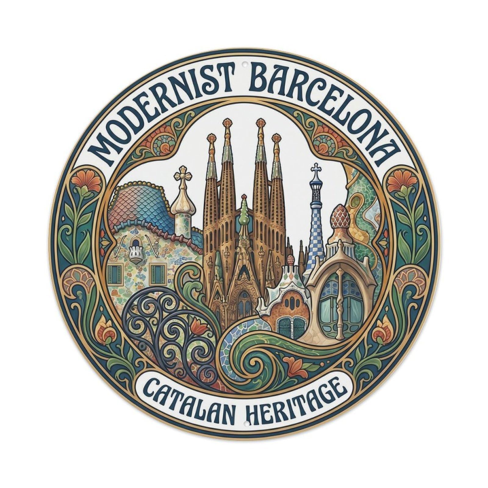 Barcelona Modernist Catalan Heritage Retro Travel Vintage Metal Tin Sign Plaque Wall Decor for Cafe, Man Cave, Club Bar, Office, Home Garden Round Metal Poster 8x8Inch