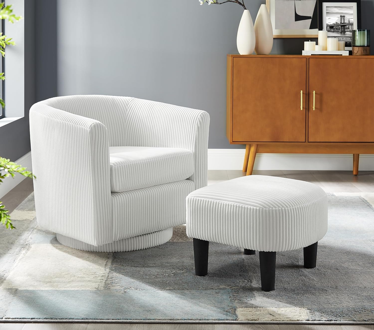 KEIKI 360 Degree Swivel Barrel Accent Chair with Ottoman Set, 2-Piece Comfy Corduroy Single Sofa Reading Chairs, Modern Living Room Lounge Armchair & Footstool, White