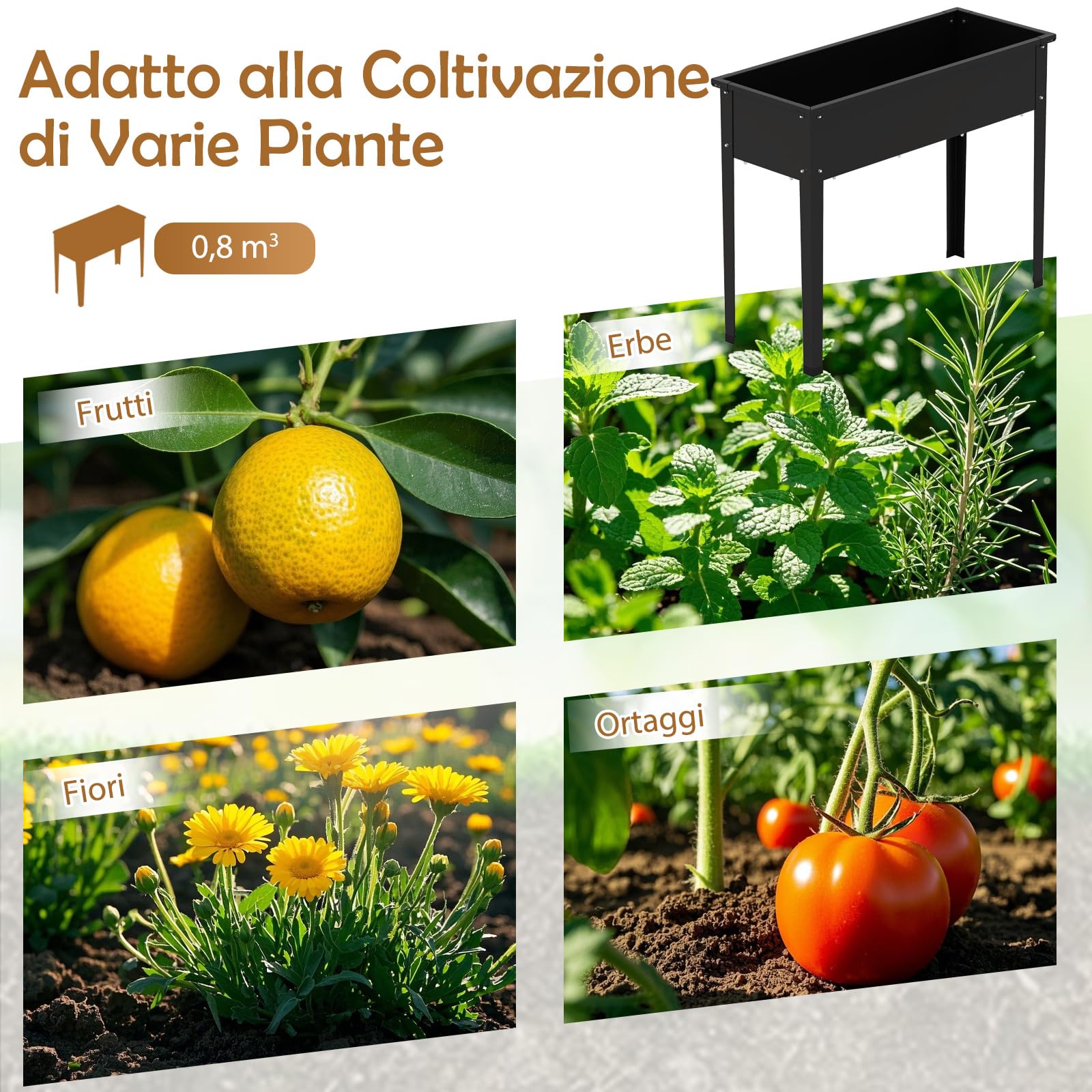 COSTWAY Letto da Giardino Rialzato, Fioriera Elevata con Gambe, Fori di Drenaggio, Aiuola Rialzata per Verdure, Frutta, Fiori e Erbe, Ideale per Balcone, Cortile e Patio, 100 x 40 x 80 cm